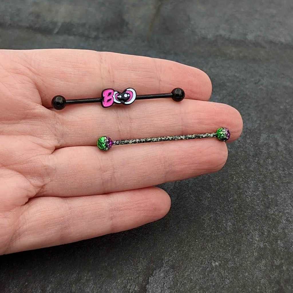 BodyCandy 14G Black Halloween Pink Boo Green Industrial Barbell 38mm Set of 2 — in-use photo