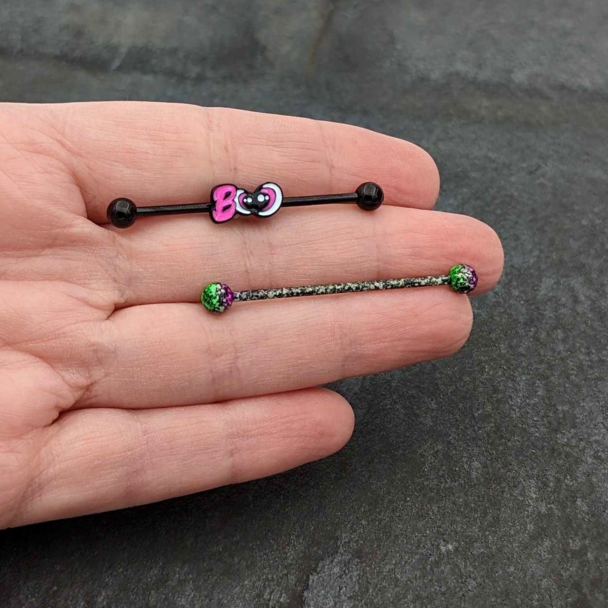 BodyCandy 14G Black Halloween Pink Boo Green Industrial Barbell 38mm Set of 2 — in-use photo