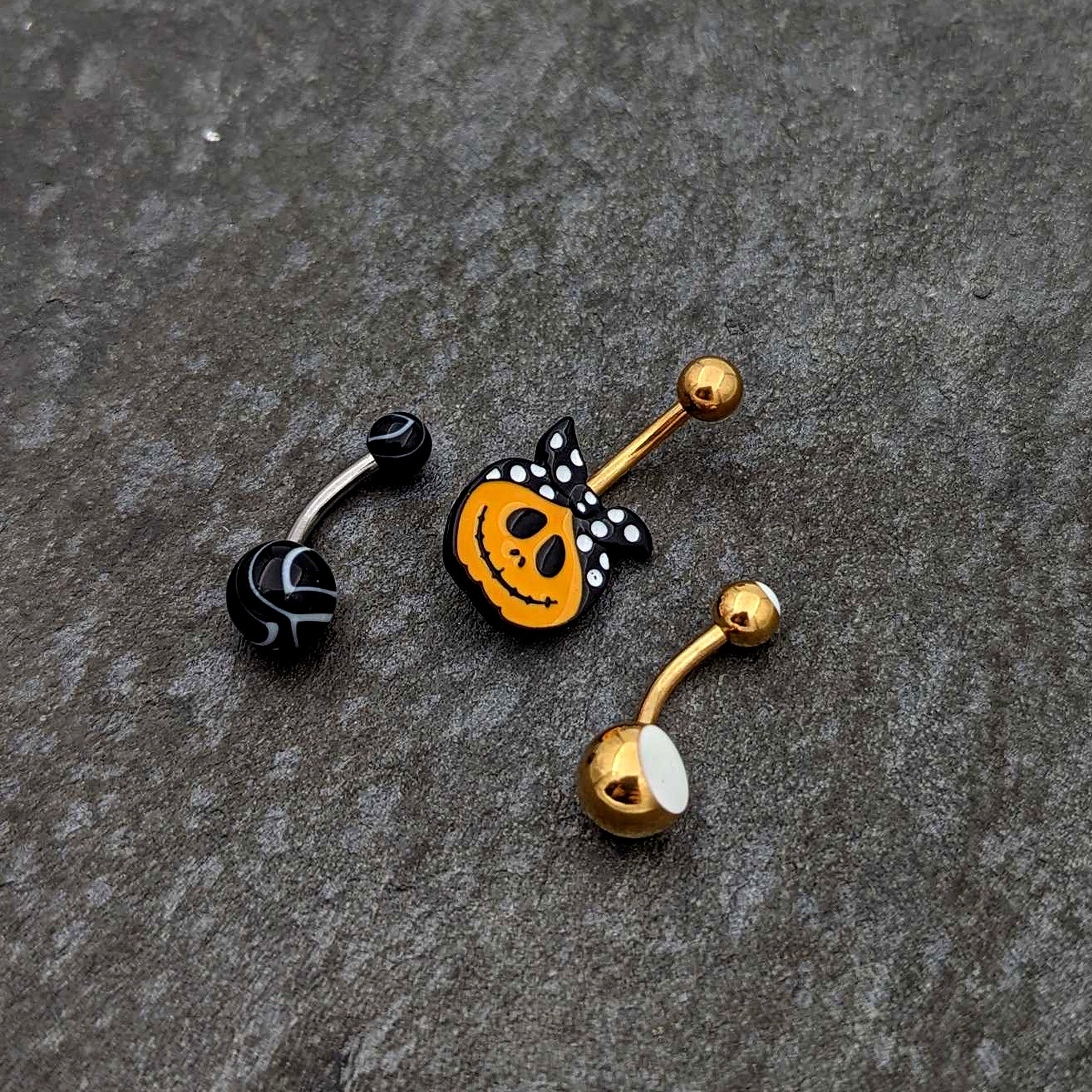 BodyCandy Gold Tone Halloween Country Pumpkin Glow in Dark Belly Ring Set of 3 — alternative angle
