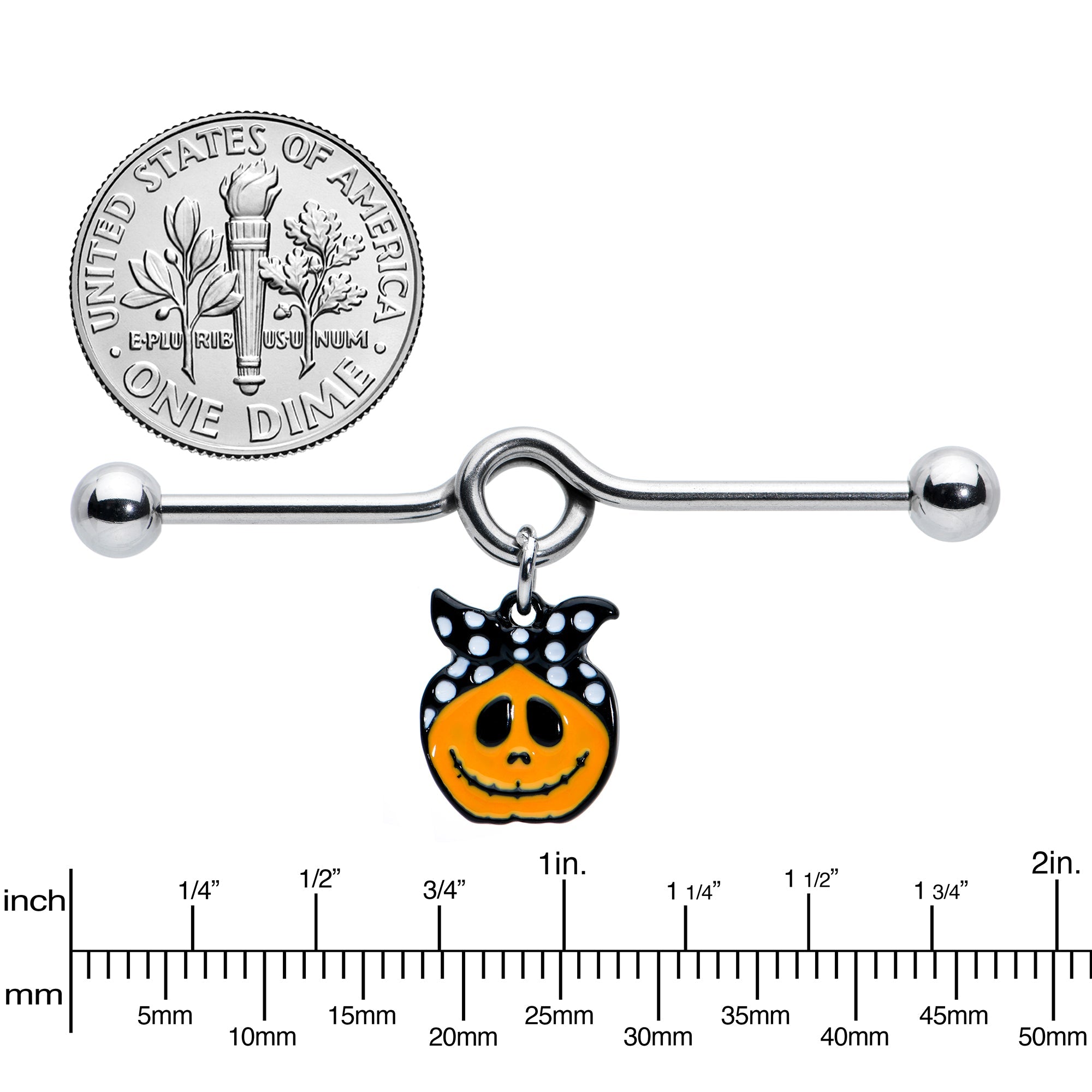 BodyCandy 14G Halloween Kerchief Pumpkin Dangle Project Bar 38mm — detail close-up