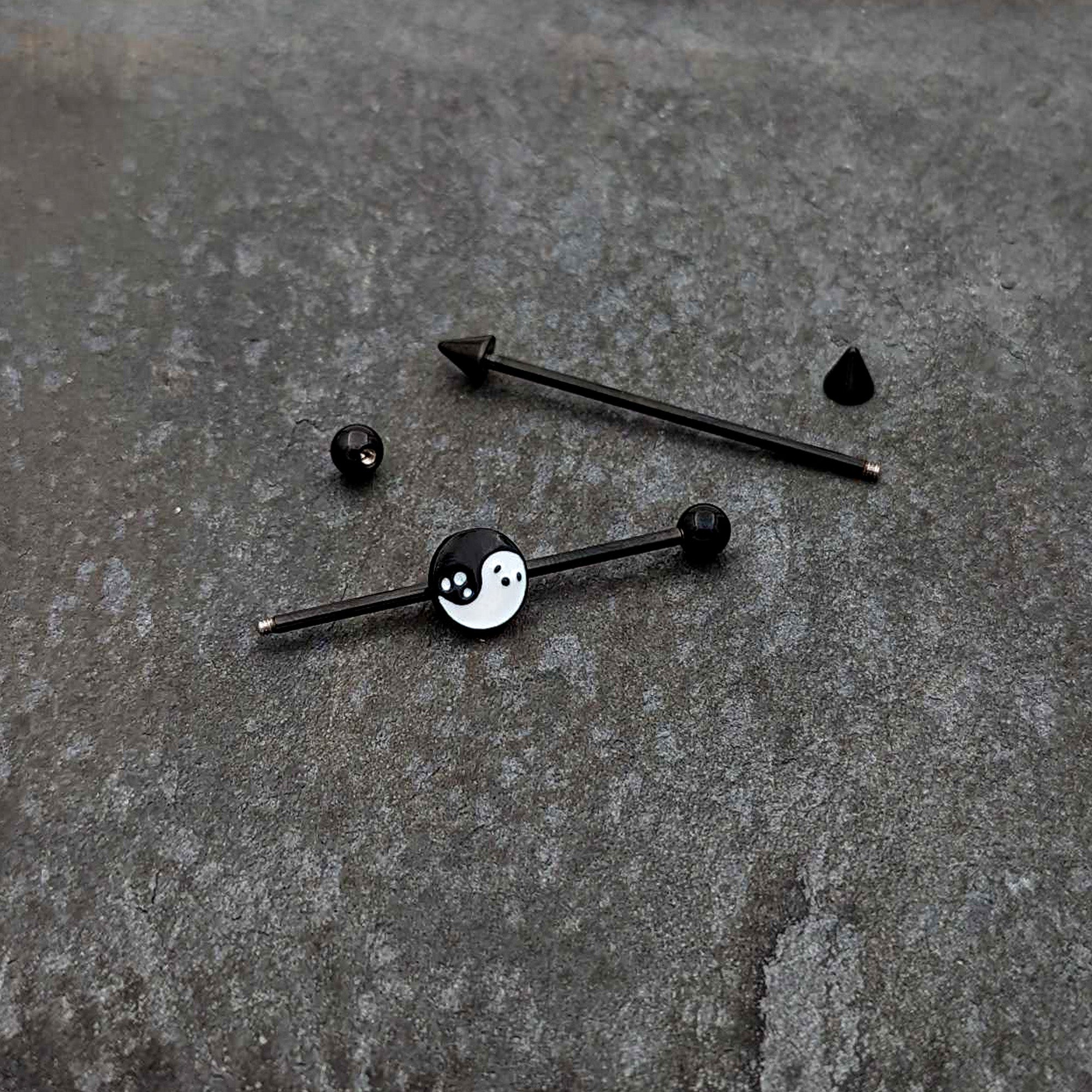 BodyCandy 14G Black Ghost Yin Yang Industrial Barbell Set of 2 — side view