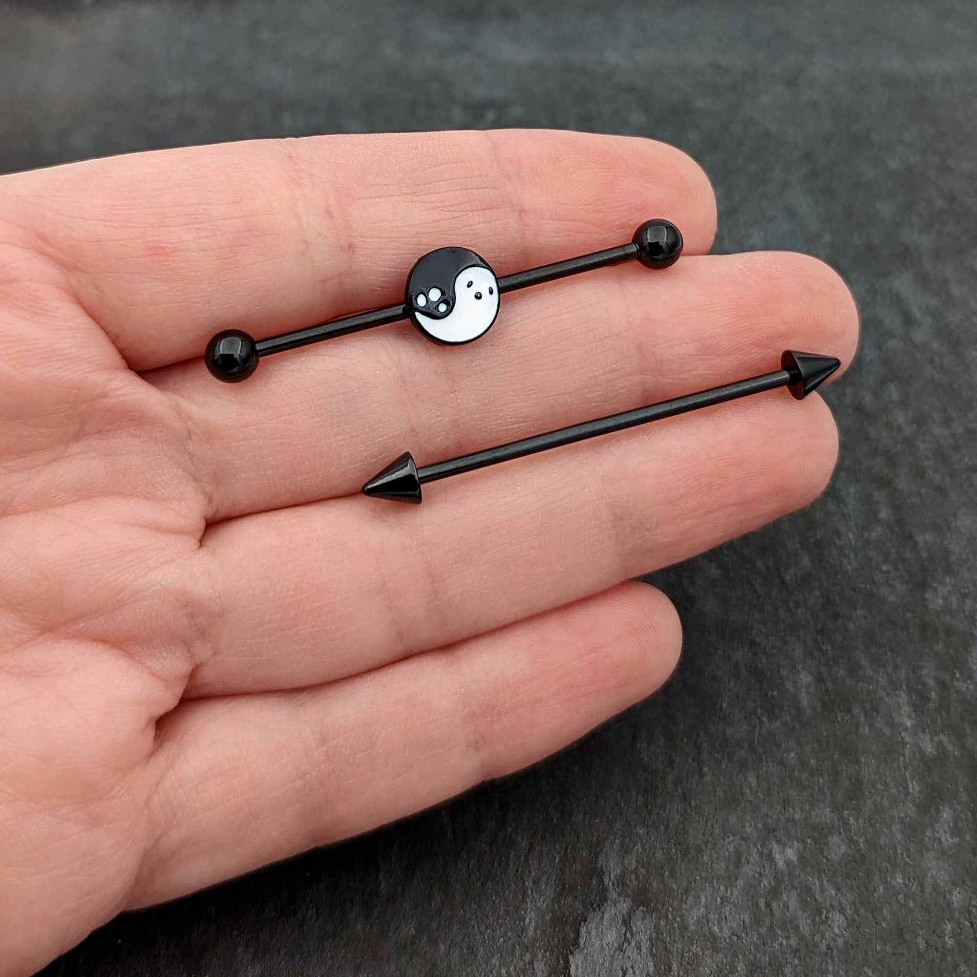BodyCandy 14G Black Ghost Yin Yang Industrial Barbell Set of 2 — in-use photo