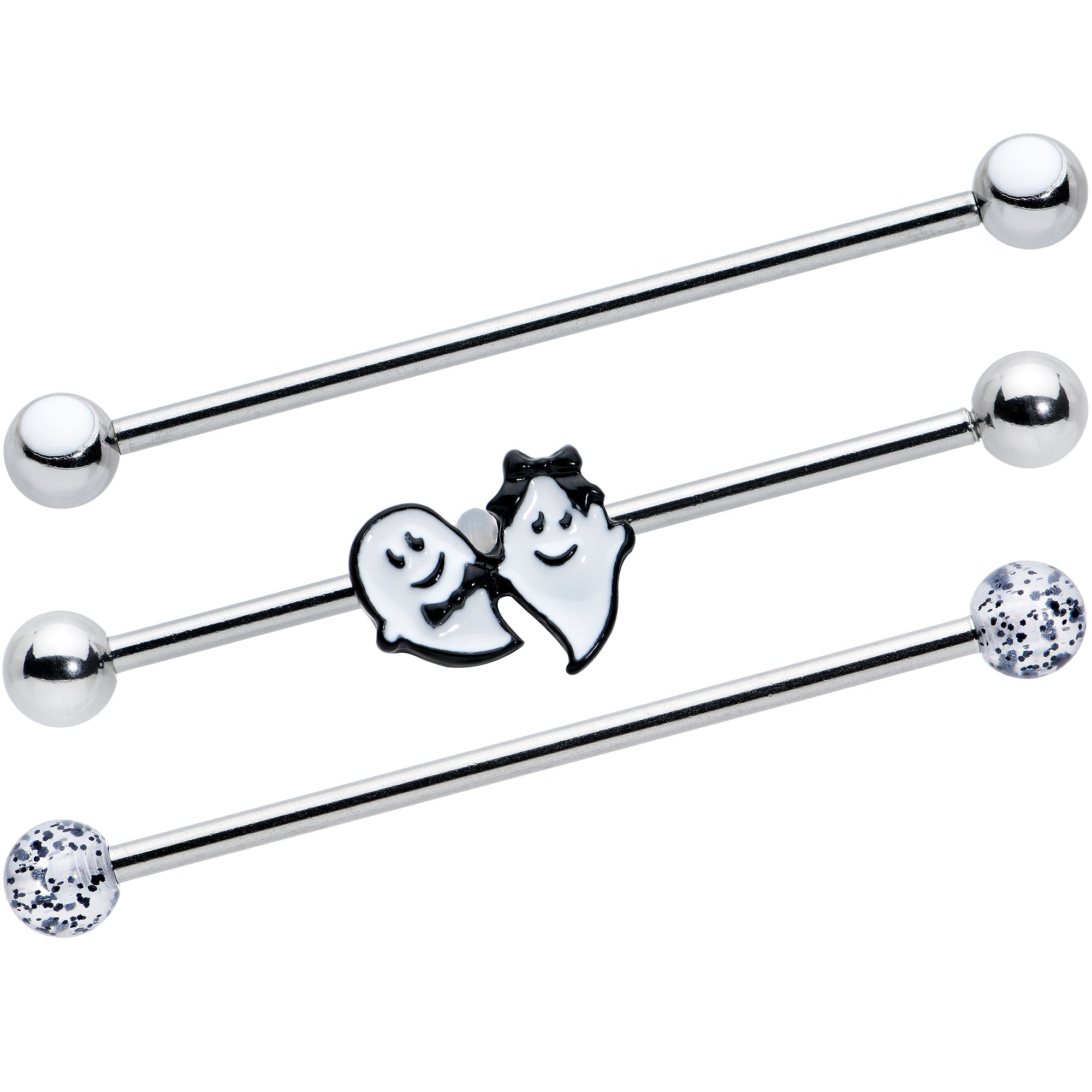BodyCandy 14G Black Tie Ghosts Glow in Dark Industrial Barbell 38mm Set of 3 — main product shot