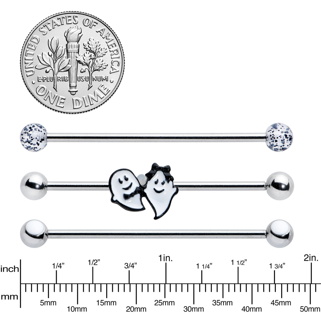 BodyCandy 14G Black Tie Ghosts Glow in Dark Industrial Barbell 38mm Set of 3 — detail close-up