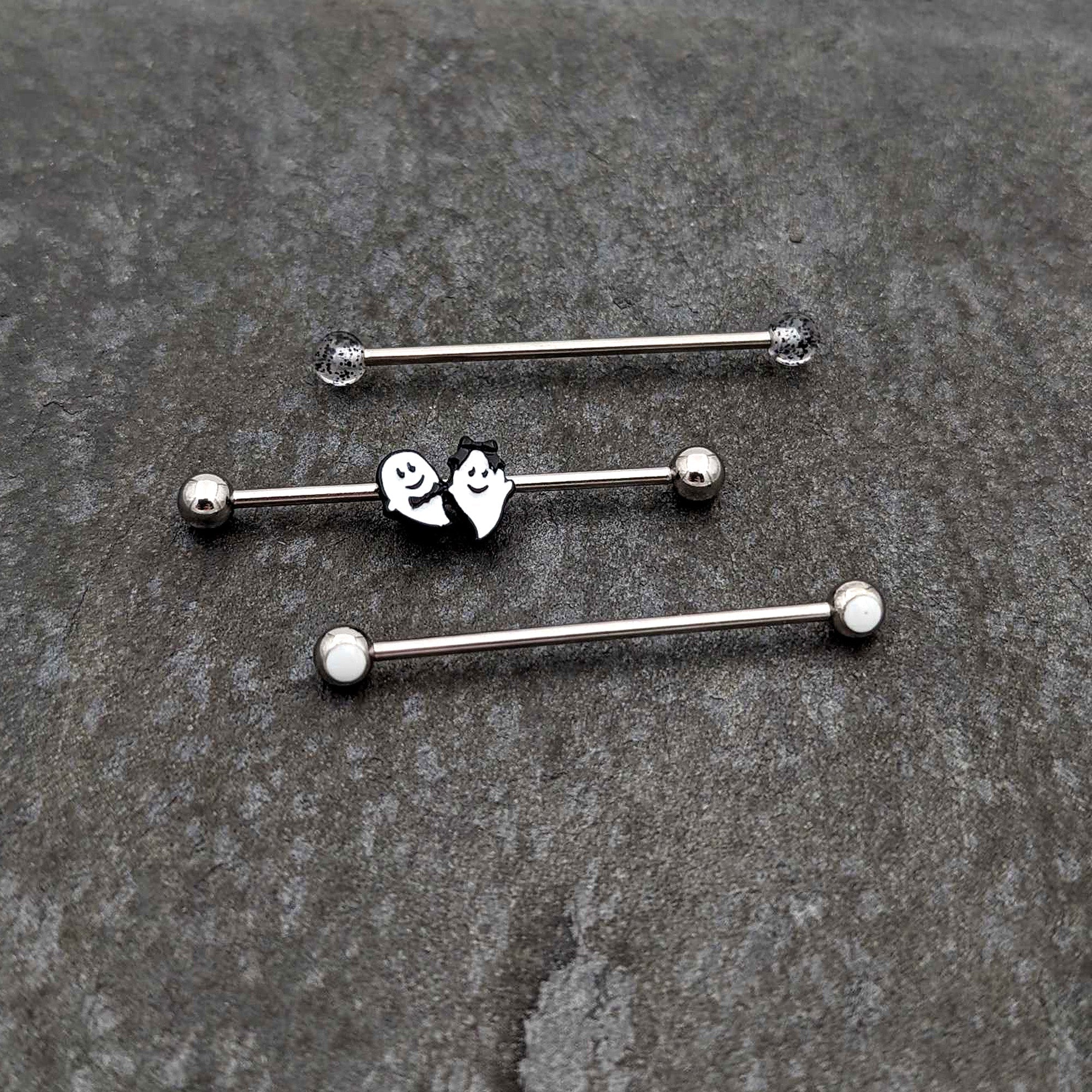 BodyCandy 14G Black Tie Ghosts Glow in Dark Industrial Barbell 38mm Set of 3 — alternative angle