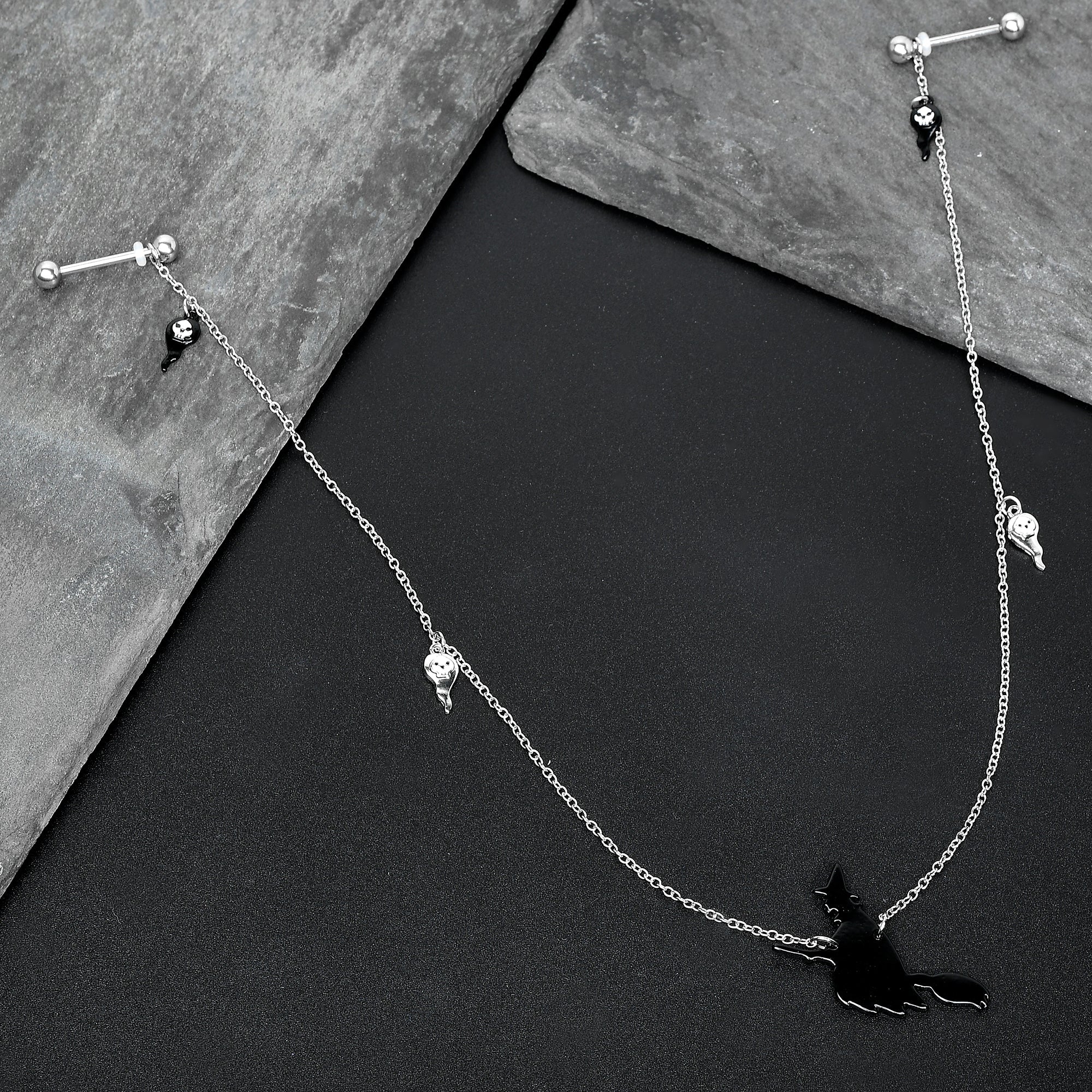 BodyCandy 14G 9/16 Creepy Ghosts Witch Halloween Dangle Nipple Chain Set — lifestyle context