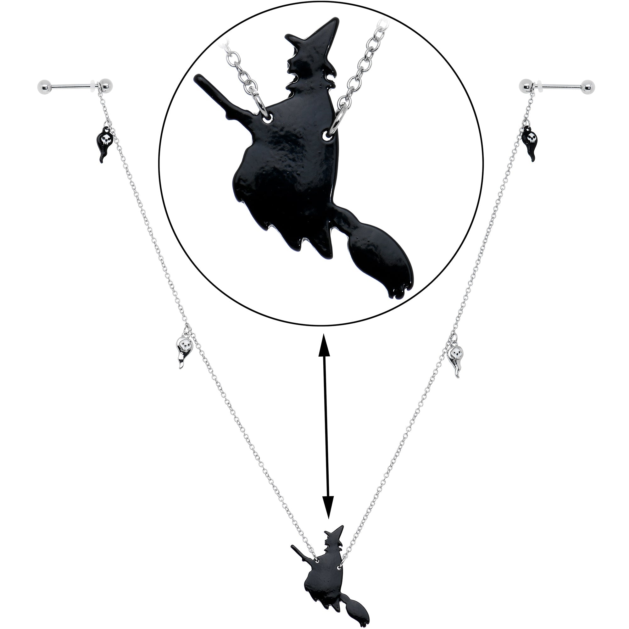 BodyCandy 14G 9/16 Creepy Ghosts Witch Halloween Dangle Nipple Chain Set — side view