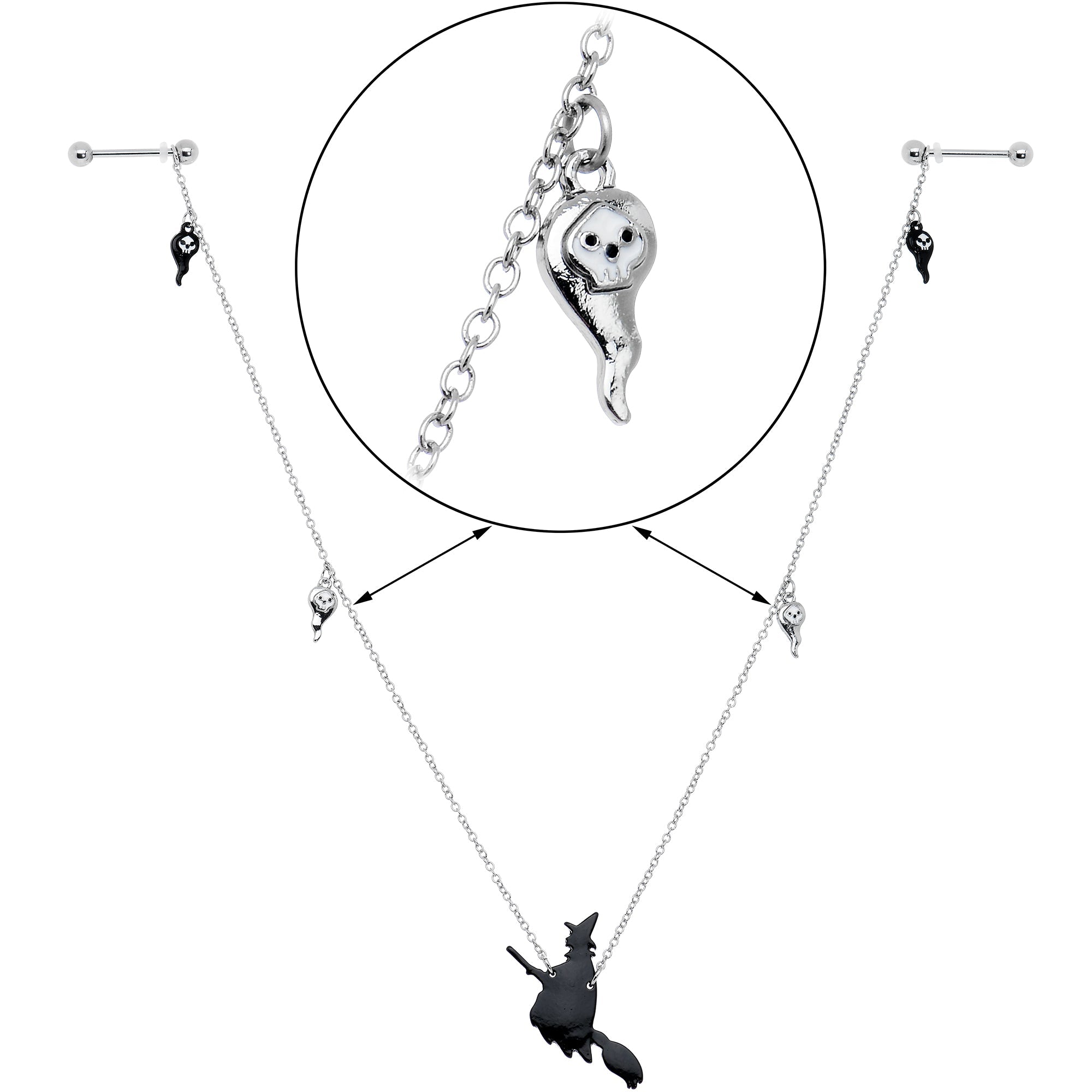 BodyCandy 14G 9/16 Creepy Ghosts Witch Halloween Dangle Nipple Chain Set — back view