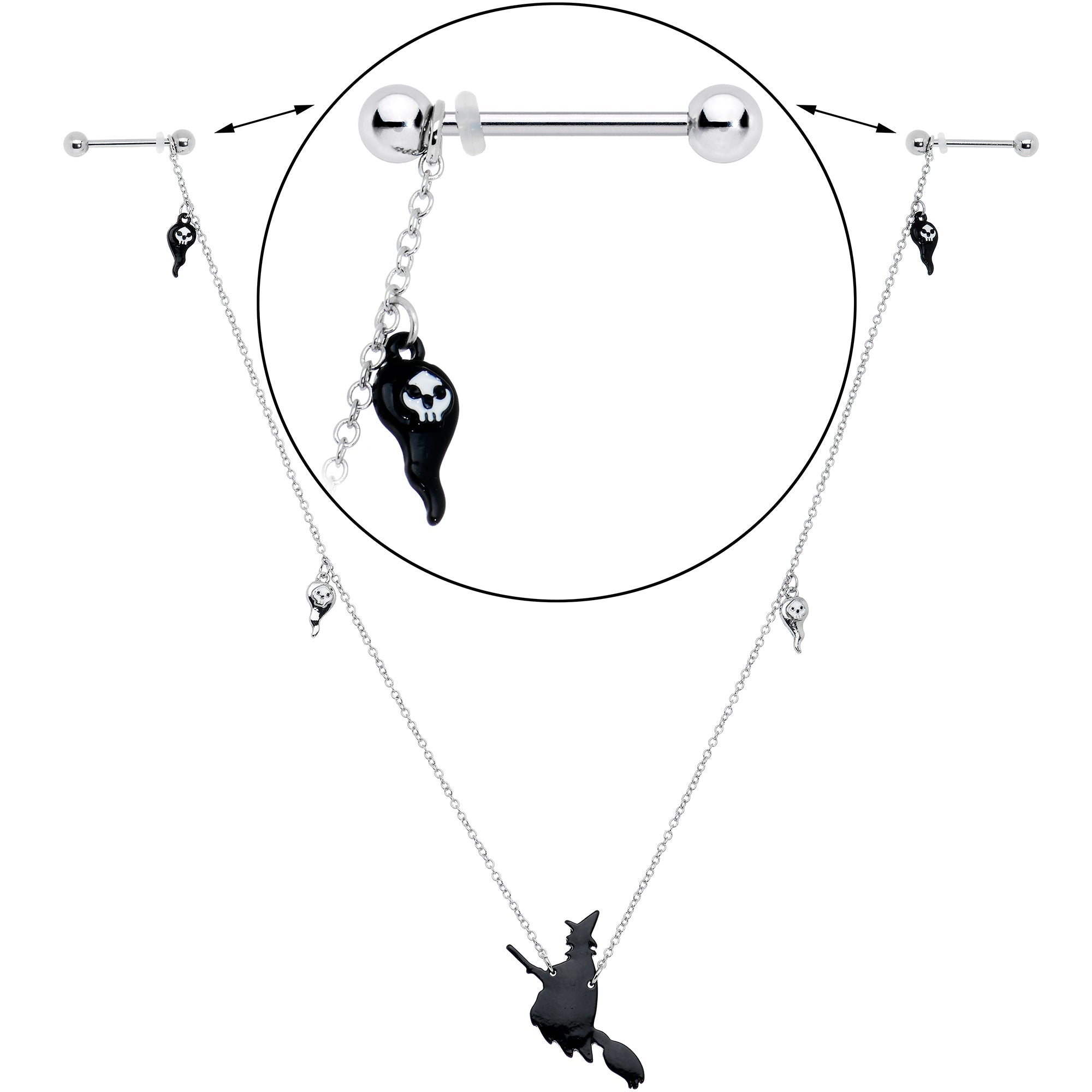 BodyCandy 14G 9/16 Creepy Ghosts Witch Halloween Dangle Nipple Chain Set — alternative angle