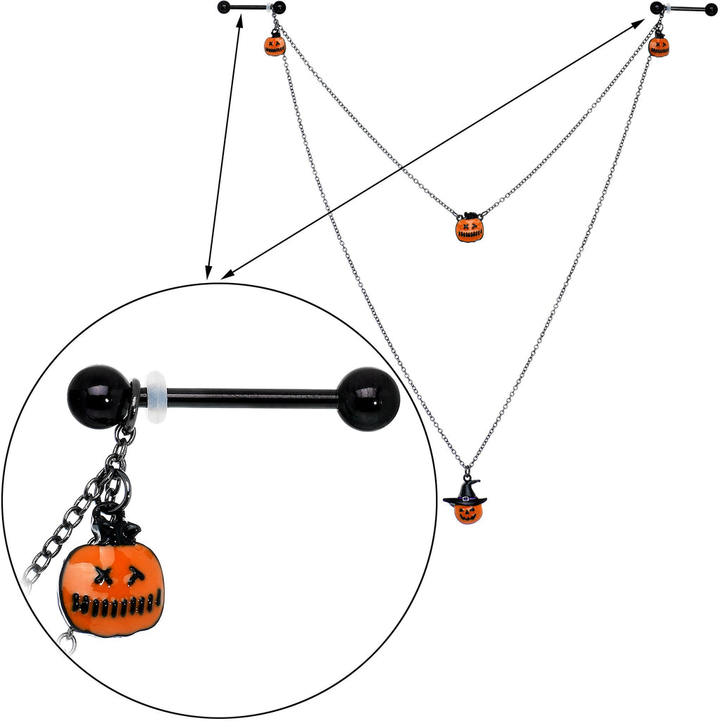 BodyCandy 14G 9/16 Black Witchy Pumpkin Halloween Double Nipple Chain — side view