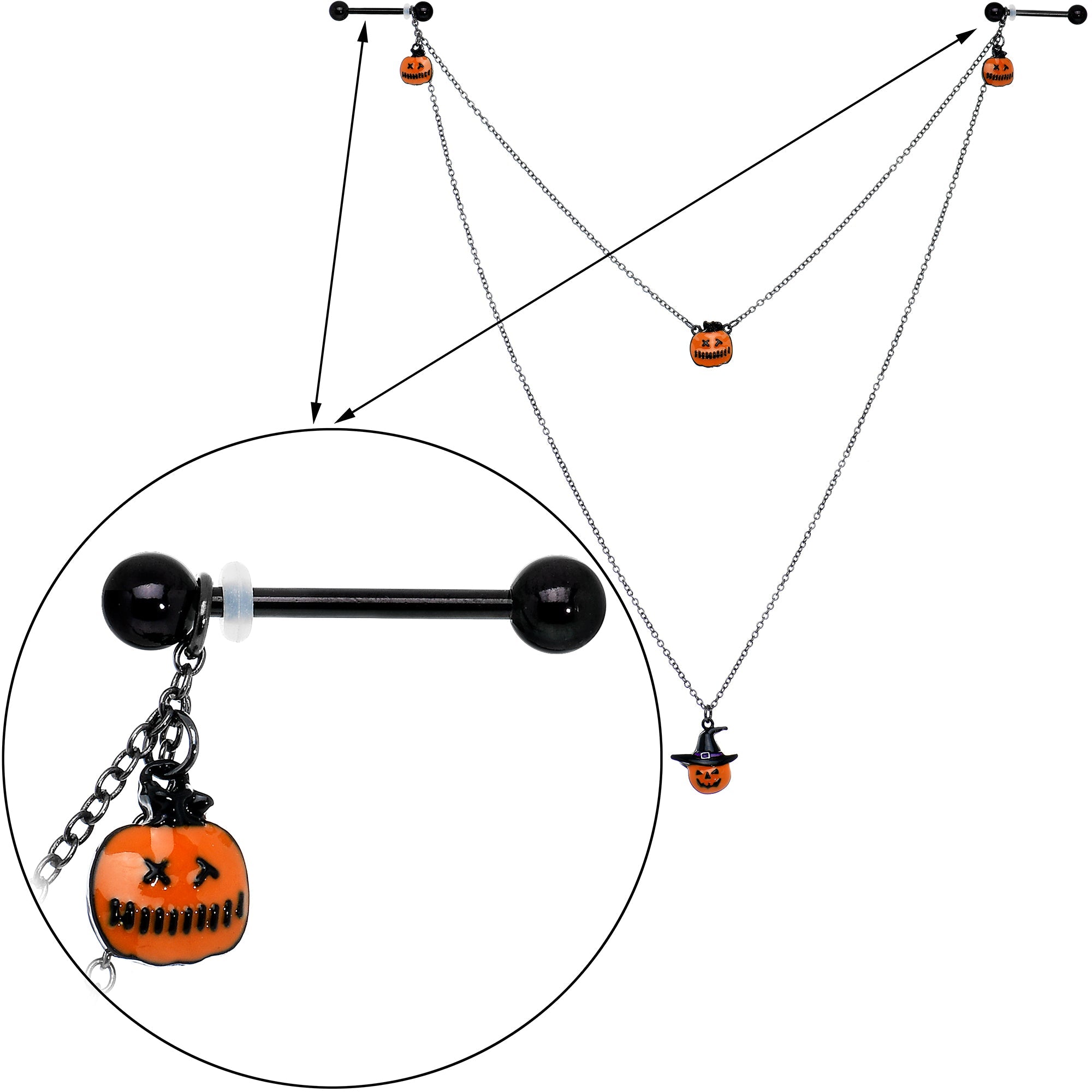 BodyCandy 14G 9/16 Black Witchy Pumpkin Halloween Double Nipple Chain — side view
