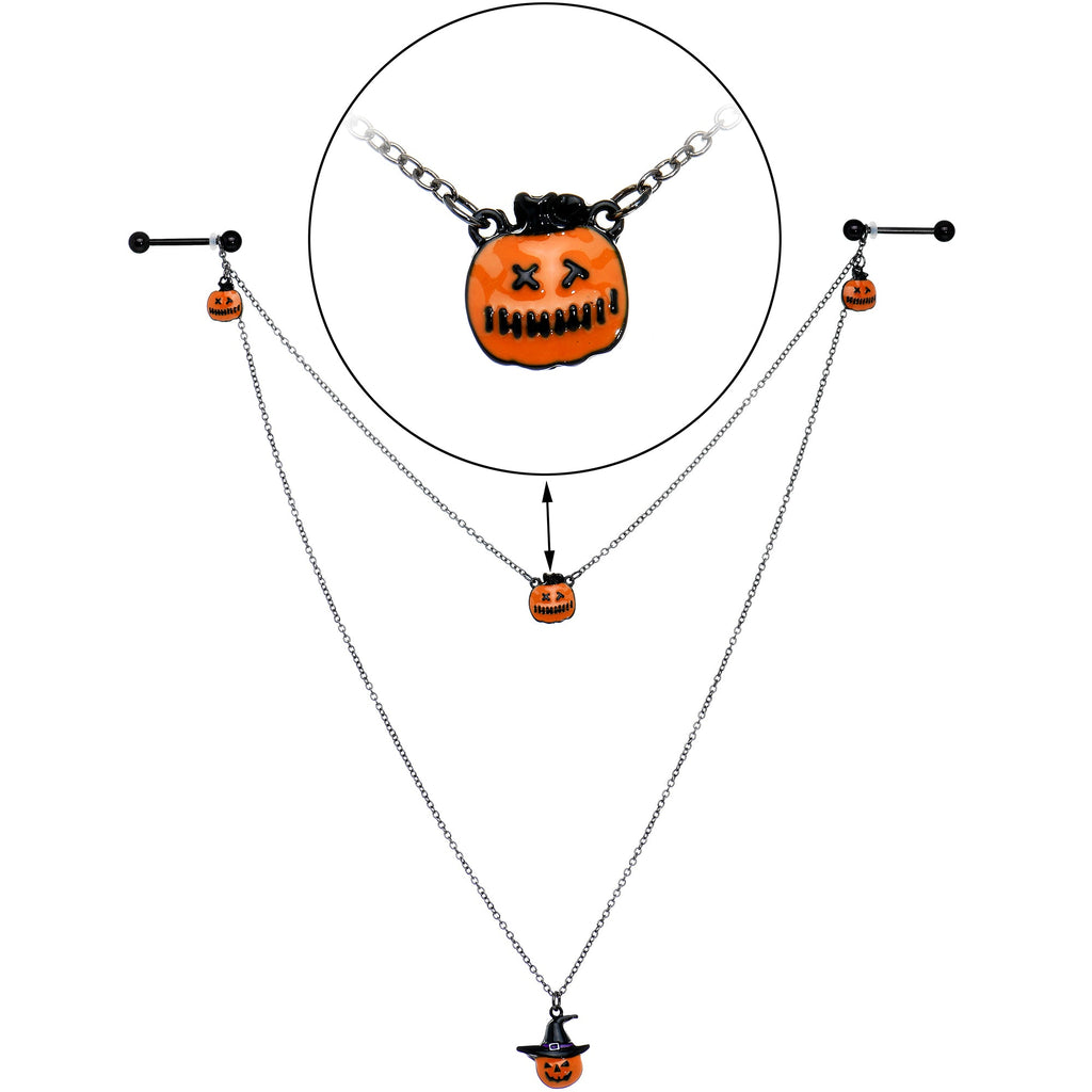 BodyCandy 14G 9/16 Black Witchy Pumpkin Halloween Double Nipple Chain — back view