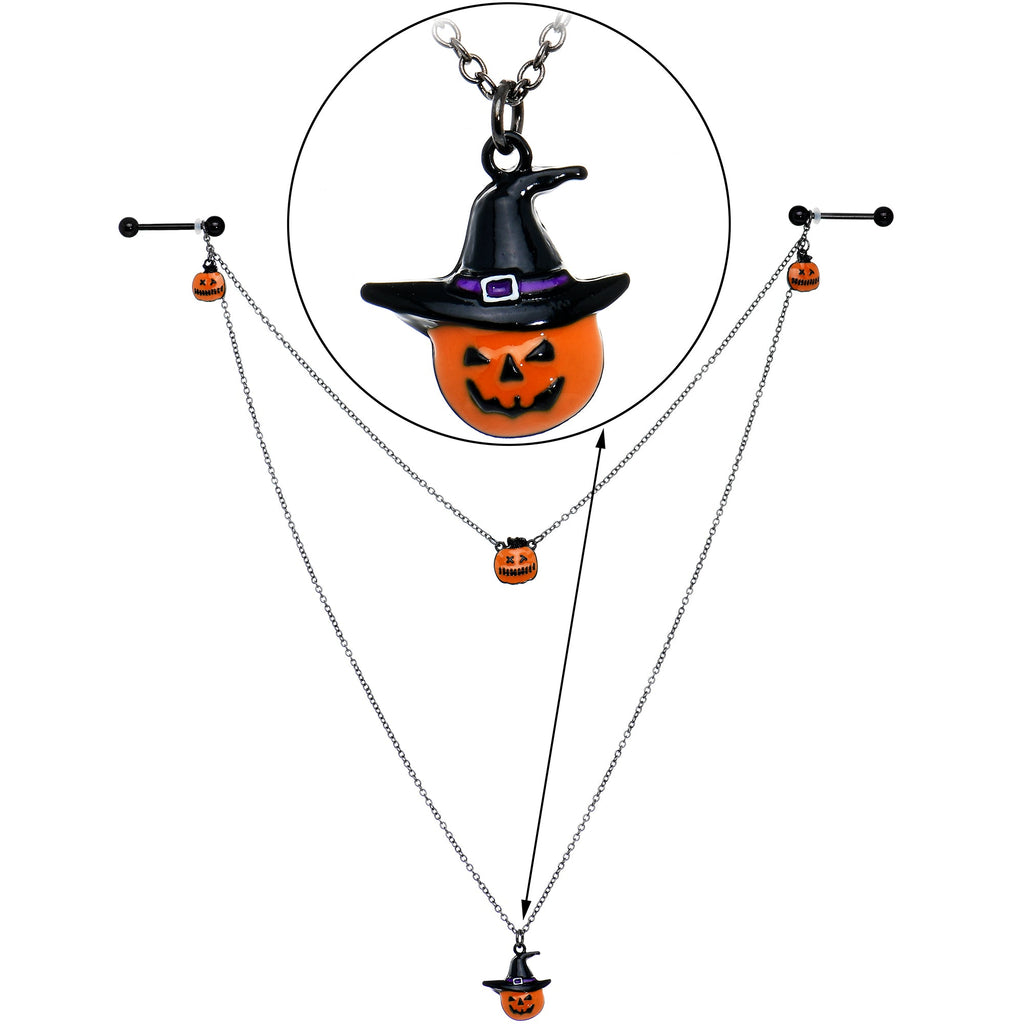 BodyCandy 14G 9/16 Black Witchy Pumpkin Halloween Double Nipple Chain — alternative angle