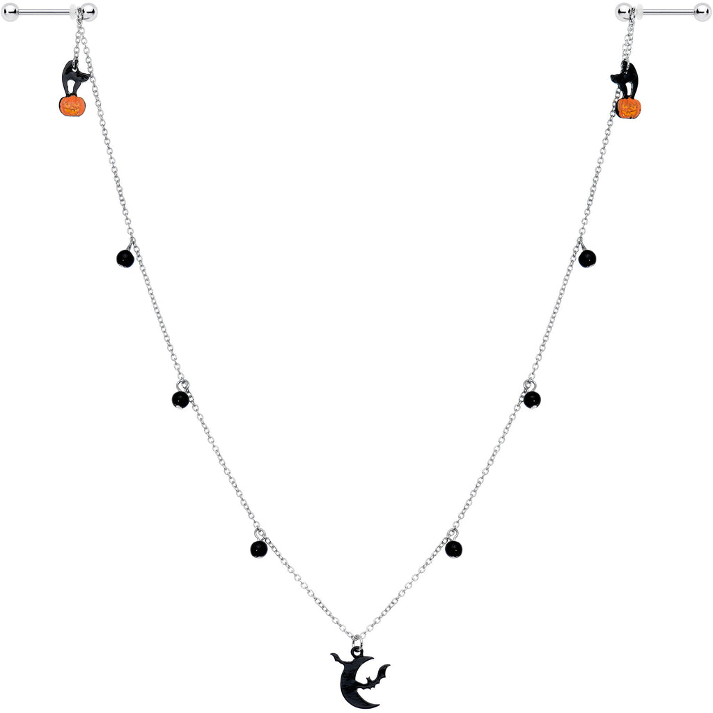 BodyCandy 14G 9/16 Pumpkin Black Cat Moon Bats Dangle Halloween Nipple Chain — main product shot