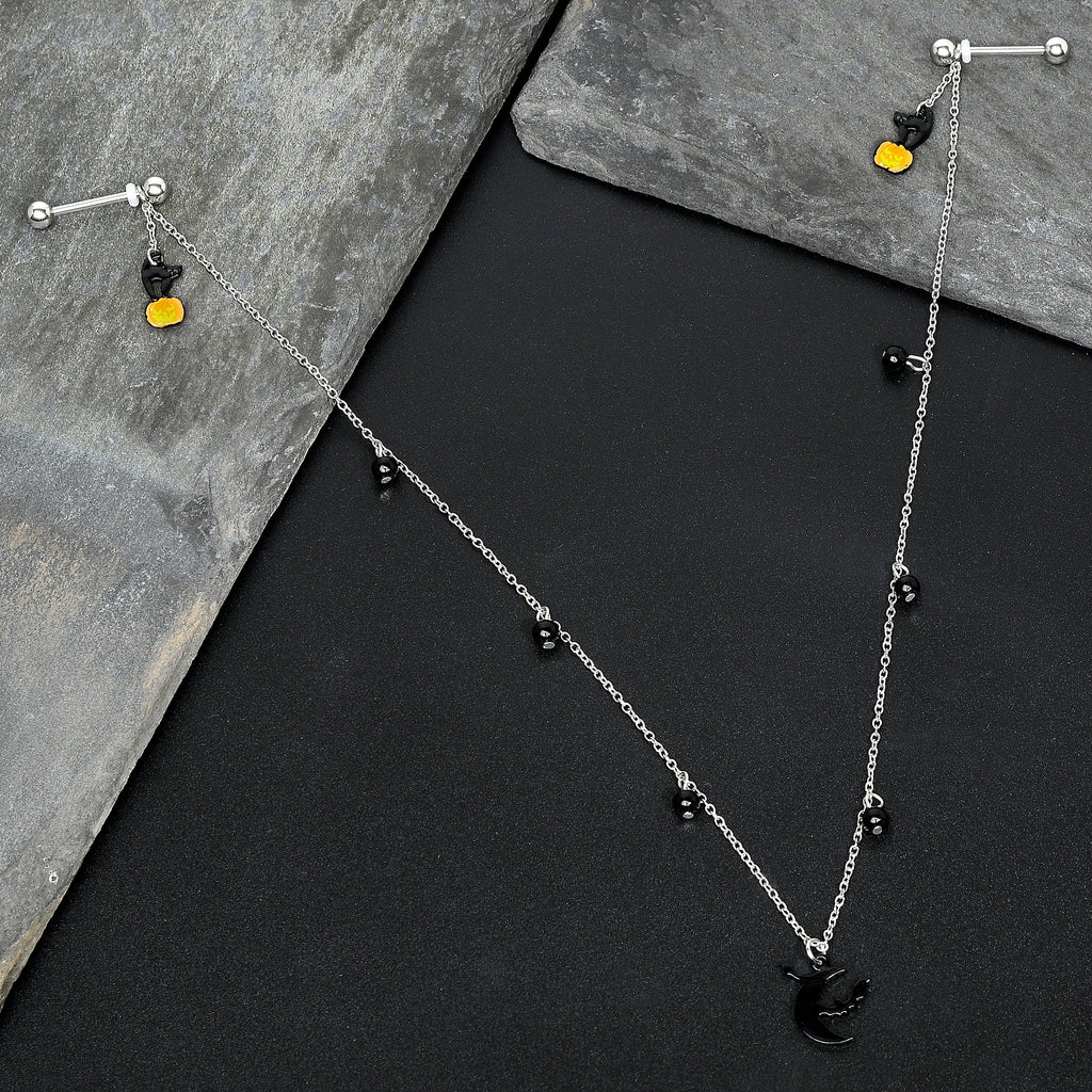 BodyCandy 14G 9/16 Pumpkin Black Cat Moon Bats Dangle Halloween Nipple Chain — detail close-up