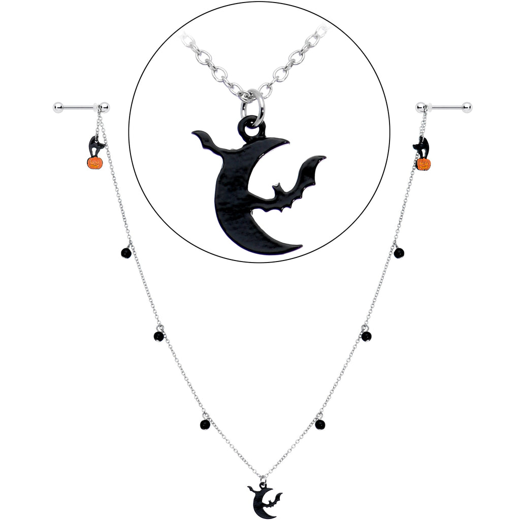 BodyCandy 14G 9/16 Pumpkin Black Cat Moon Bats Dangle Halloween Nipple Chain — side view