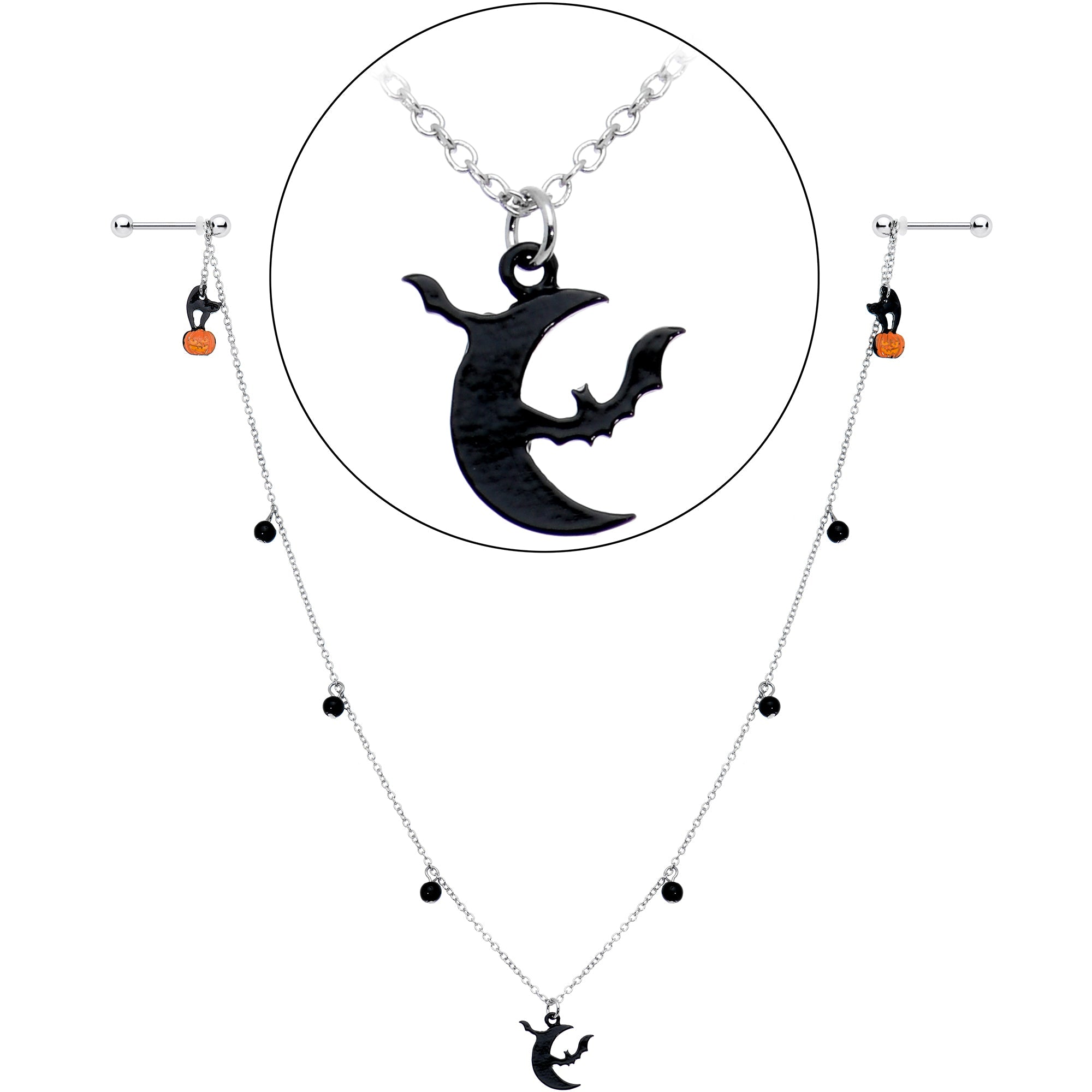 BodyCandy 14G 9/16 Pumpkin Black Cat Moon Bats Dangle Halloween Nipple Chain — side view