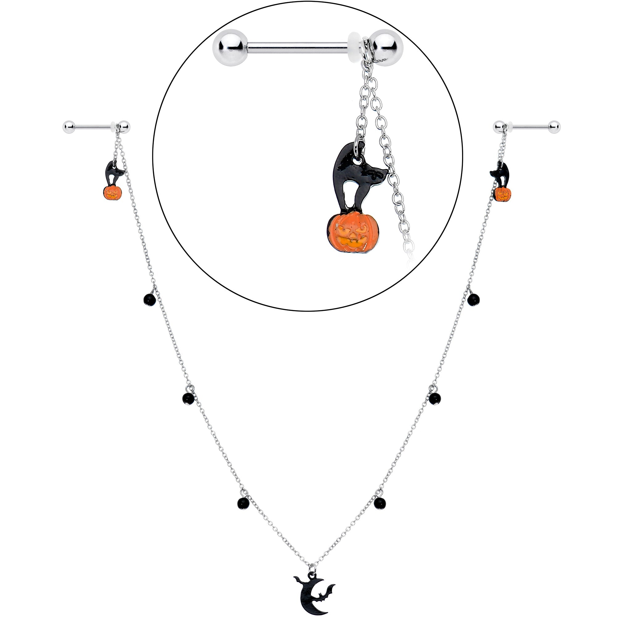 BodyCandy 14G 9/16 Pumpkin Black Cat Moon Bats Dangle Halloween Nipple Chain — back view