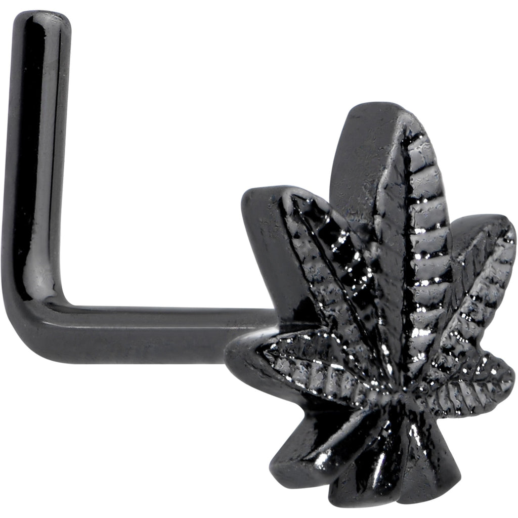 BodyCandy 20G 1/4 Black Texture Pot Leaf L Shape Nose Ring — main product shot