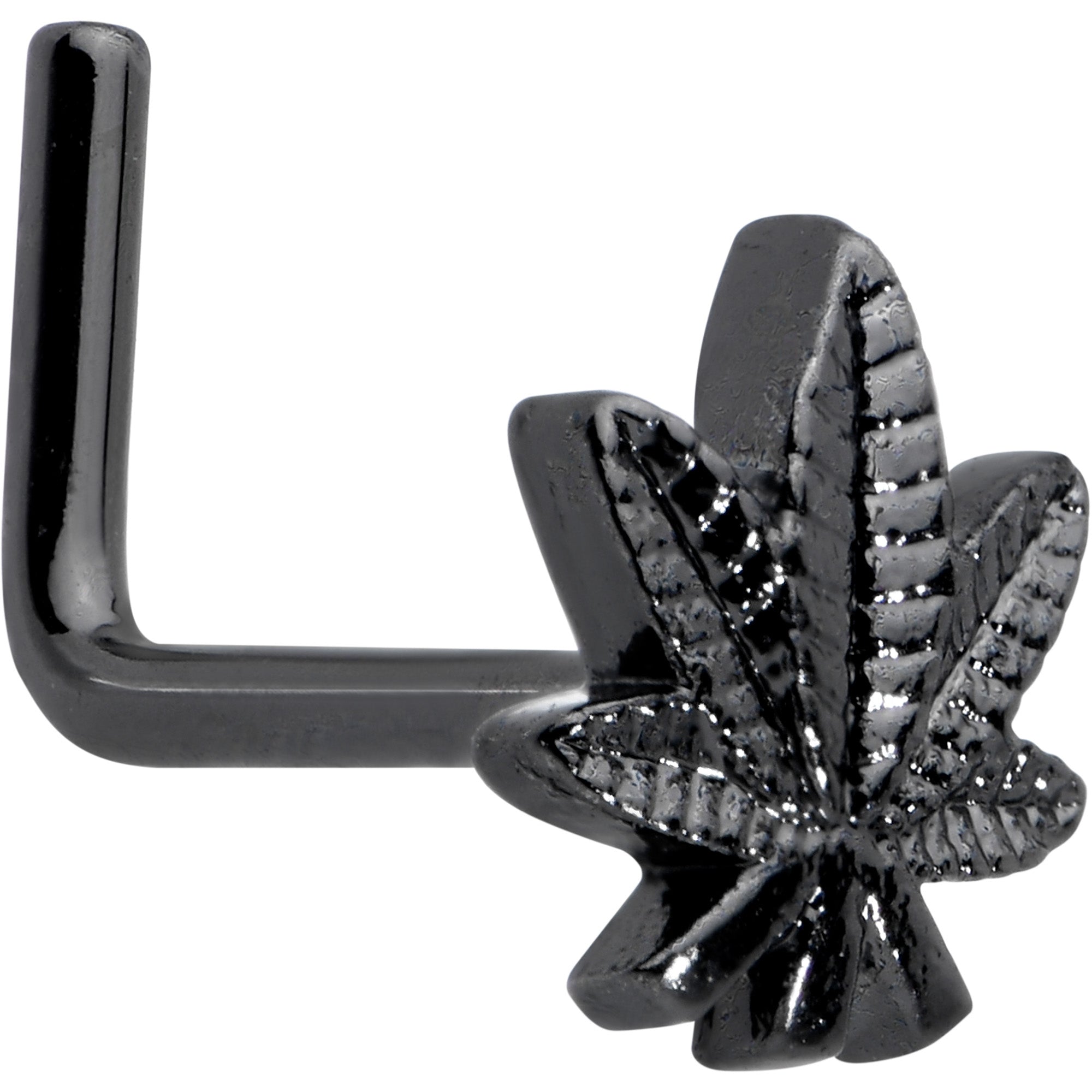 BodyCandy 20G 1/4 Black Texture Pot Leaf L Shape Nose Ring — main product shot