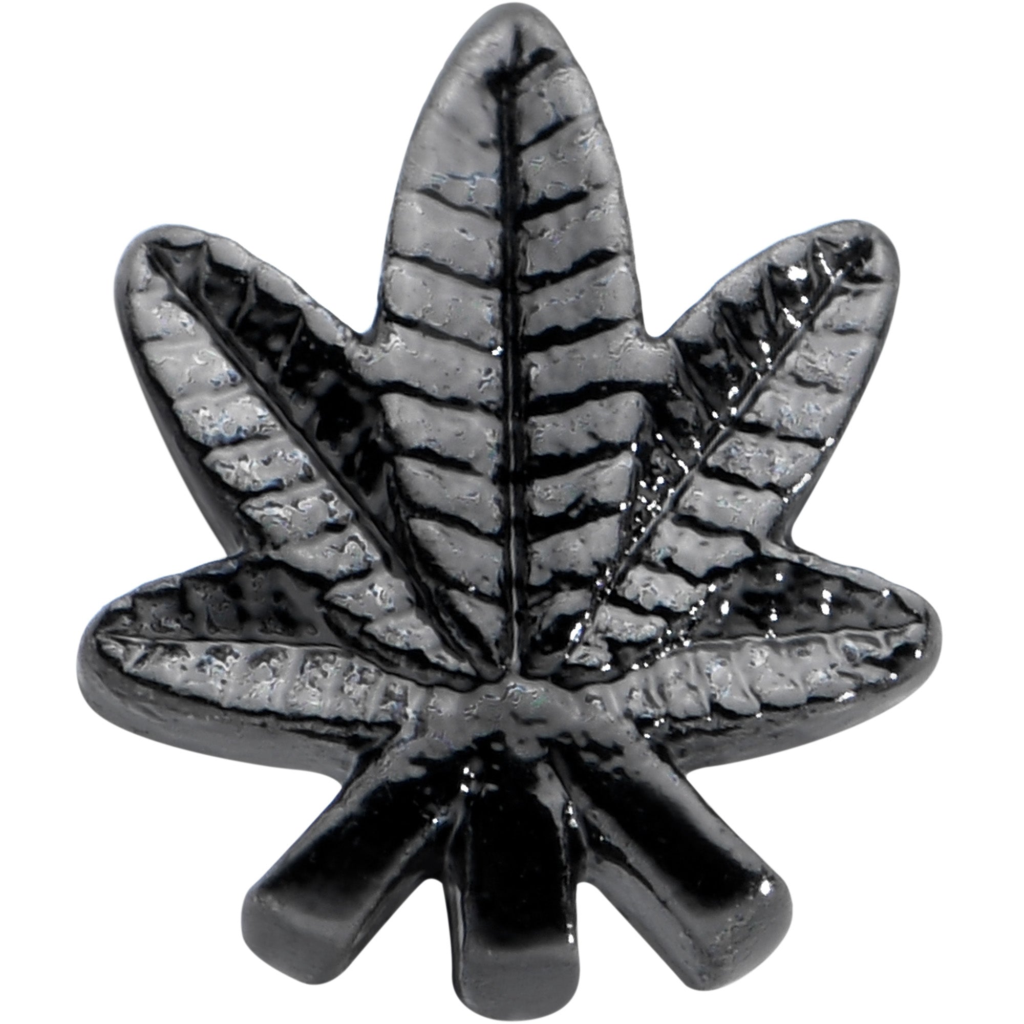 BodyCandy 20G 1/4 Black Texture Pot Leaf L Shape Nose Ring — detail close-up