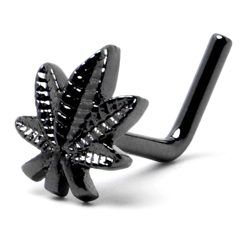 BodyCandy 20G 1/4 Black Texture Pot Leaf L Shape Nose Ring — back view