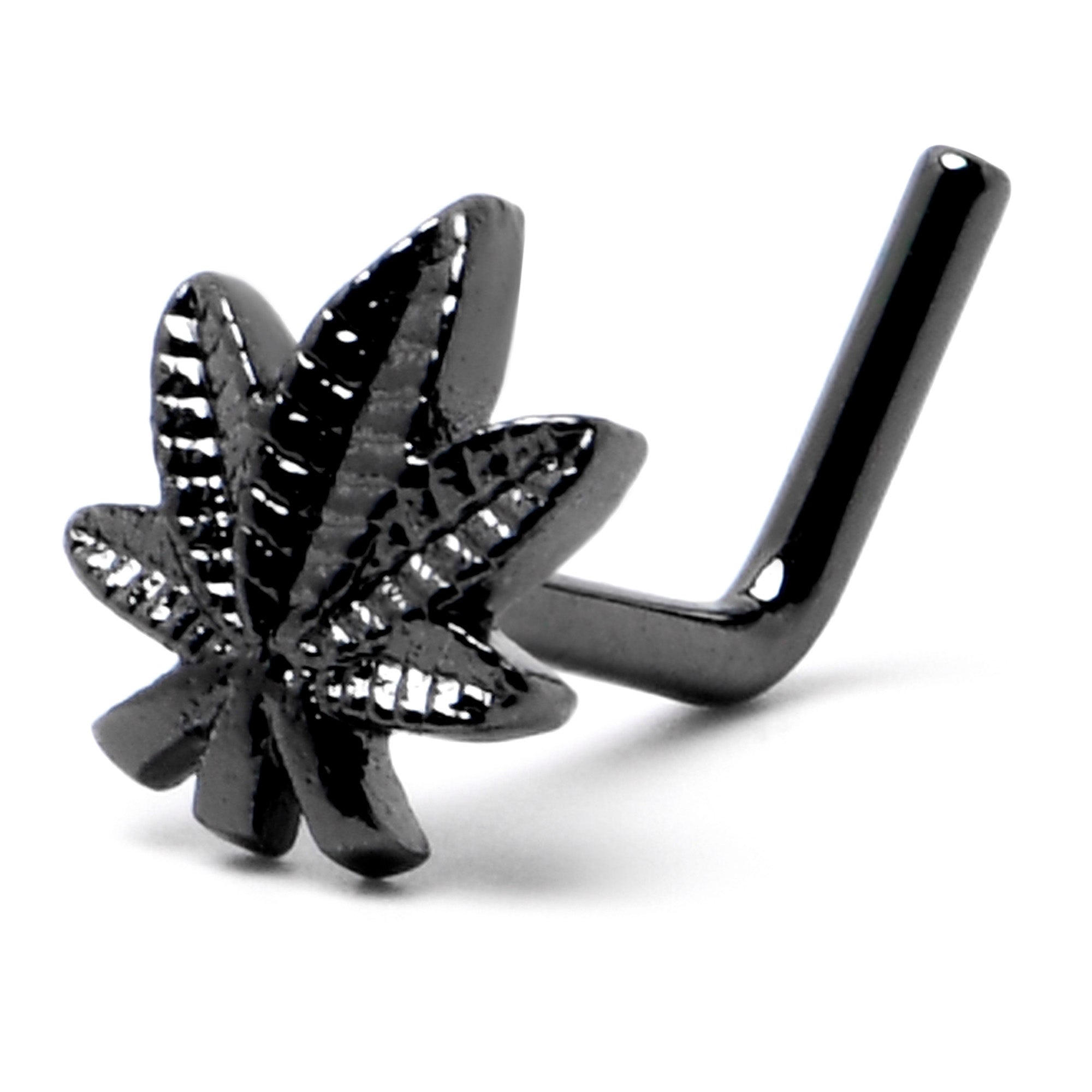 BodyCandy 20G 1/4 Black Texture Pot Leaf L Shape Nose Ring — back view