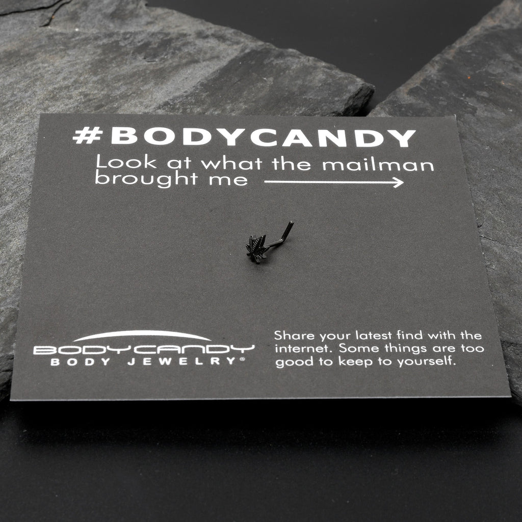 BodyCandy 20G 1/4 Black Texture Pot Leaf L Shape Nose Ring — in-use photo