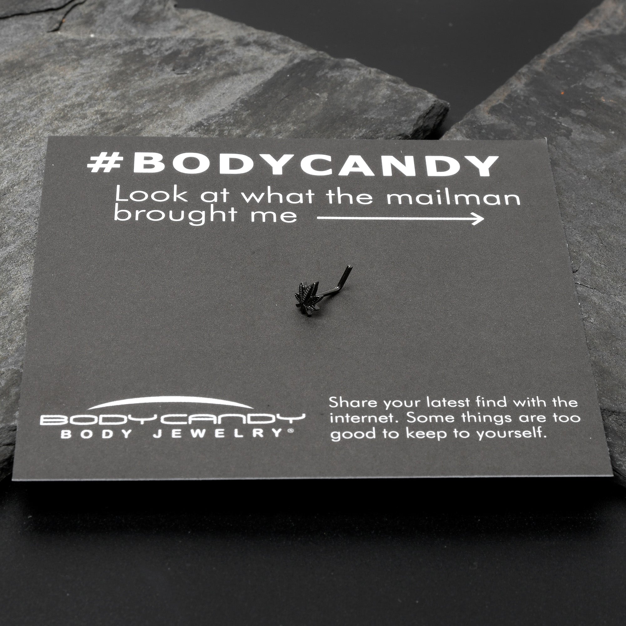 BodyCandy 20G 1/4 Black Texture Pot Leaf L Shape Nose Ring — in-use photo