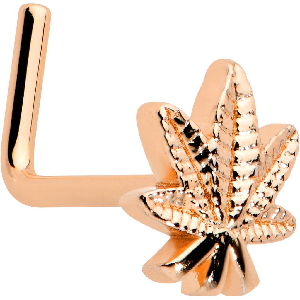 BodyCandy 20G 1/4 Rose Gold Tone Texture Pot Leaf L Shape Nose Ring — main product shot