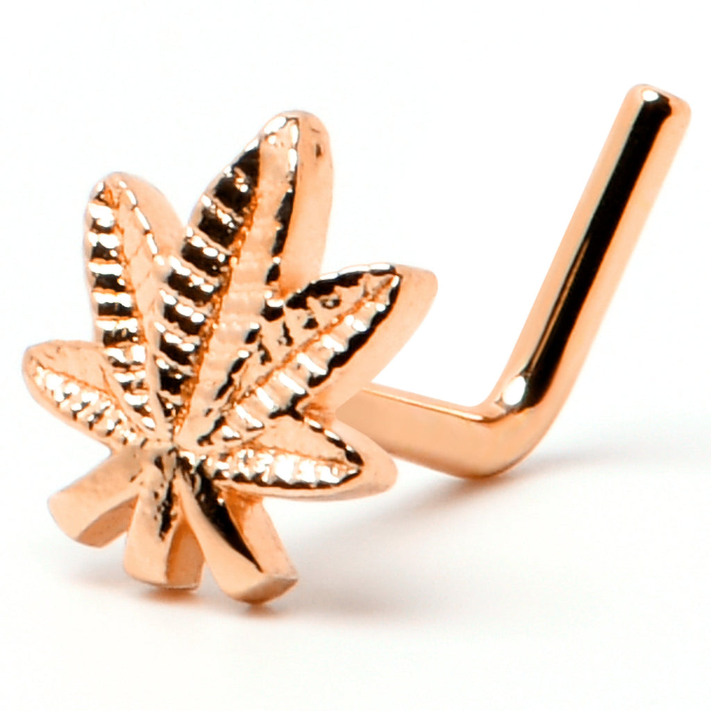 BodyCandy 20G 1/4 Rose Gold Tone Texture Pot Leaf L Shape Nose Ring — back view