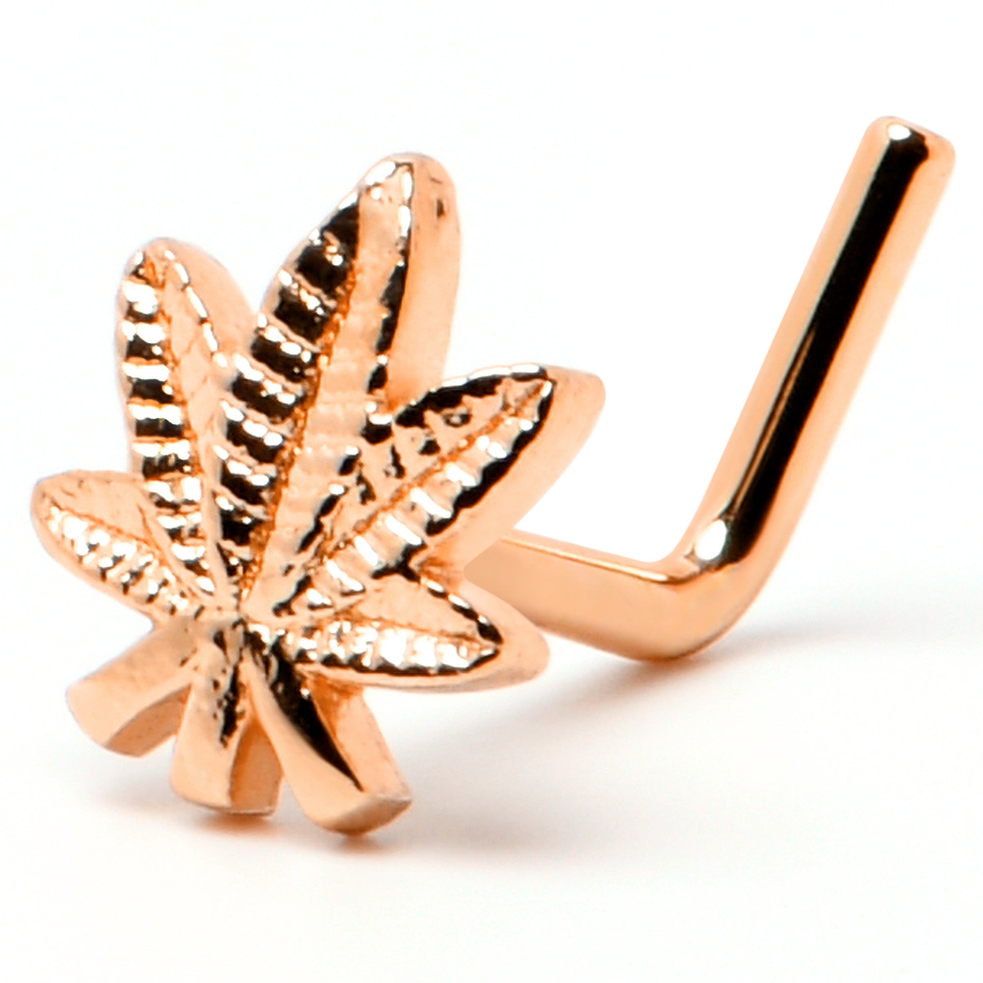 BodyCandy 20G 1/4 Rose Gold Tone Texture Pot Leaf L Shape Nose Ring — back view