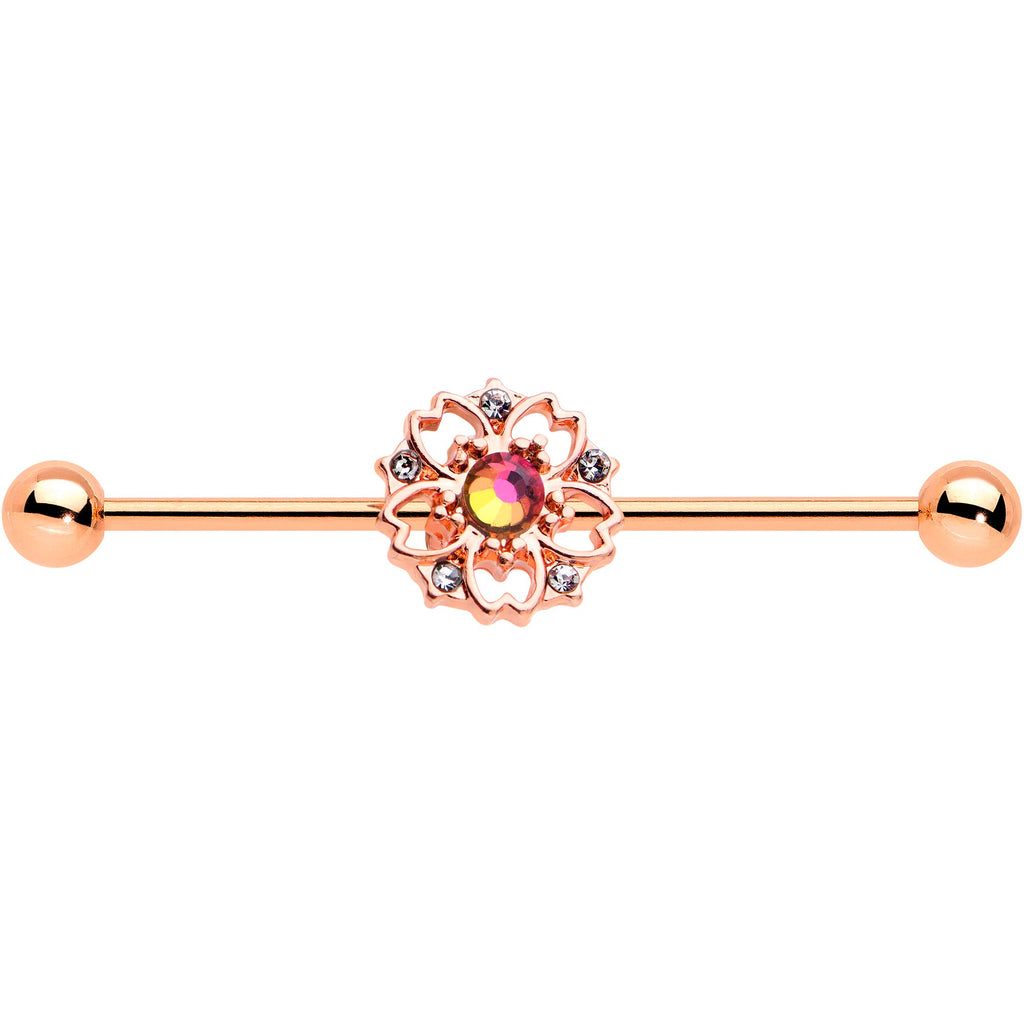 BodyCandy 14G Dark Aurora Gem Rose Gold Tone Flower Industrial Barbell 38mm — detail close-up