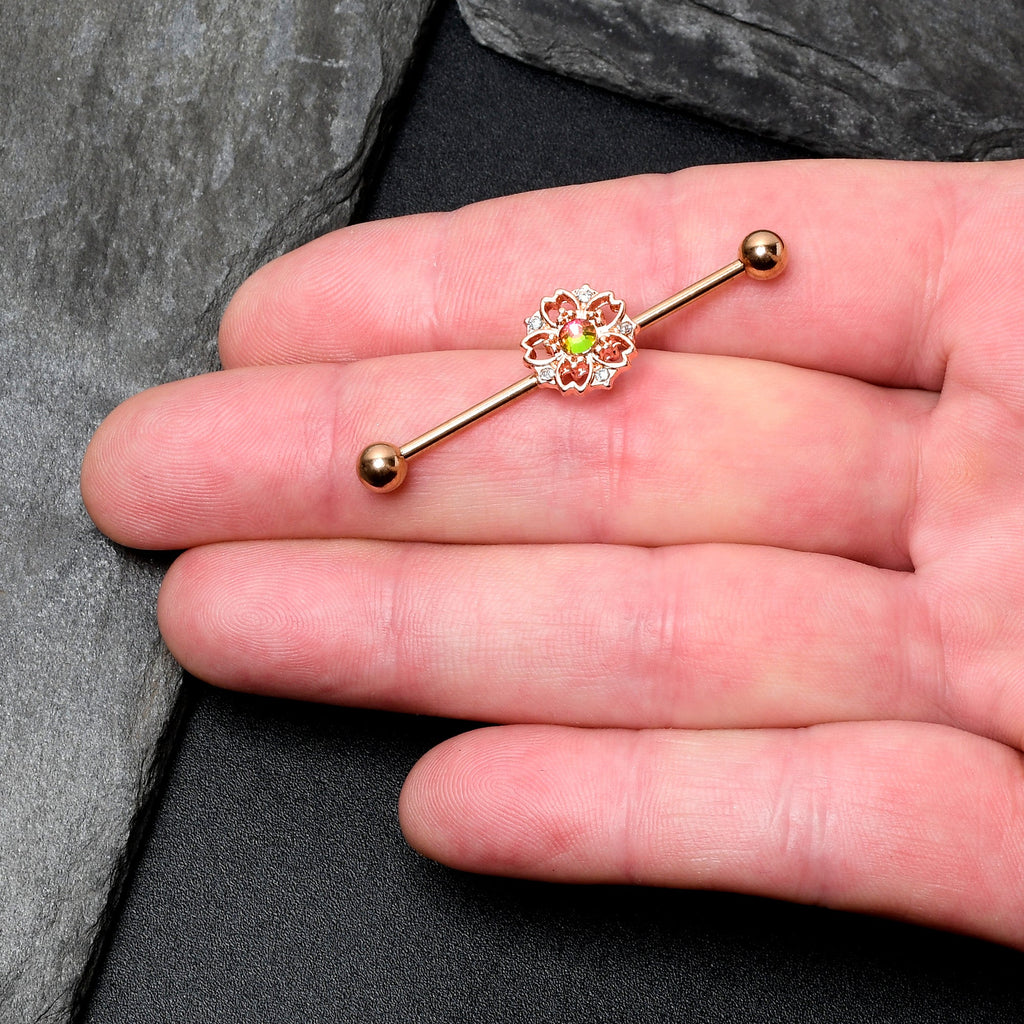 BodyCandy 14G Dark Aurora Gem Rose Gold Tone Flower Industrial Barbell 38mm — lifestyle context
