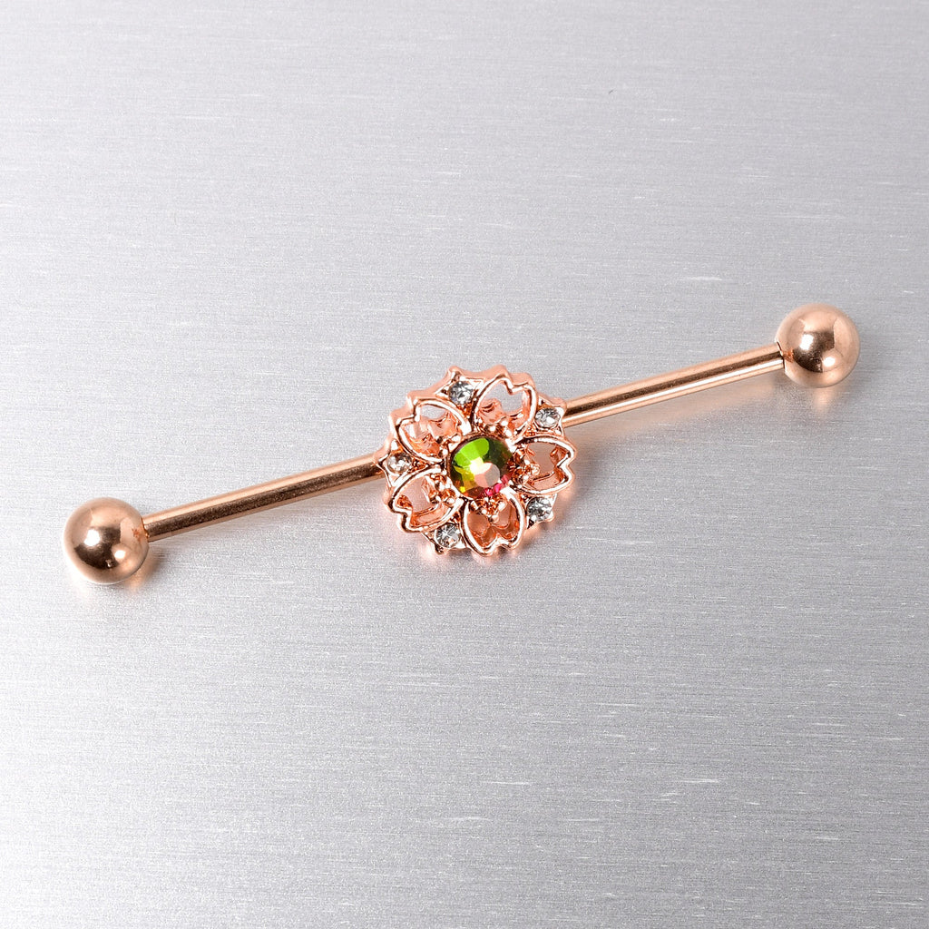 BodyCandy 14G Dark Aurora Gem Rose Gold Tone Flower Industrial Barbell 38mm — side view