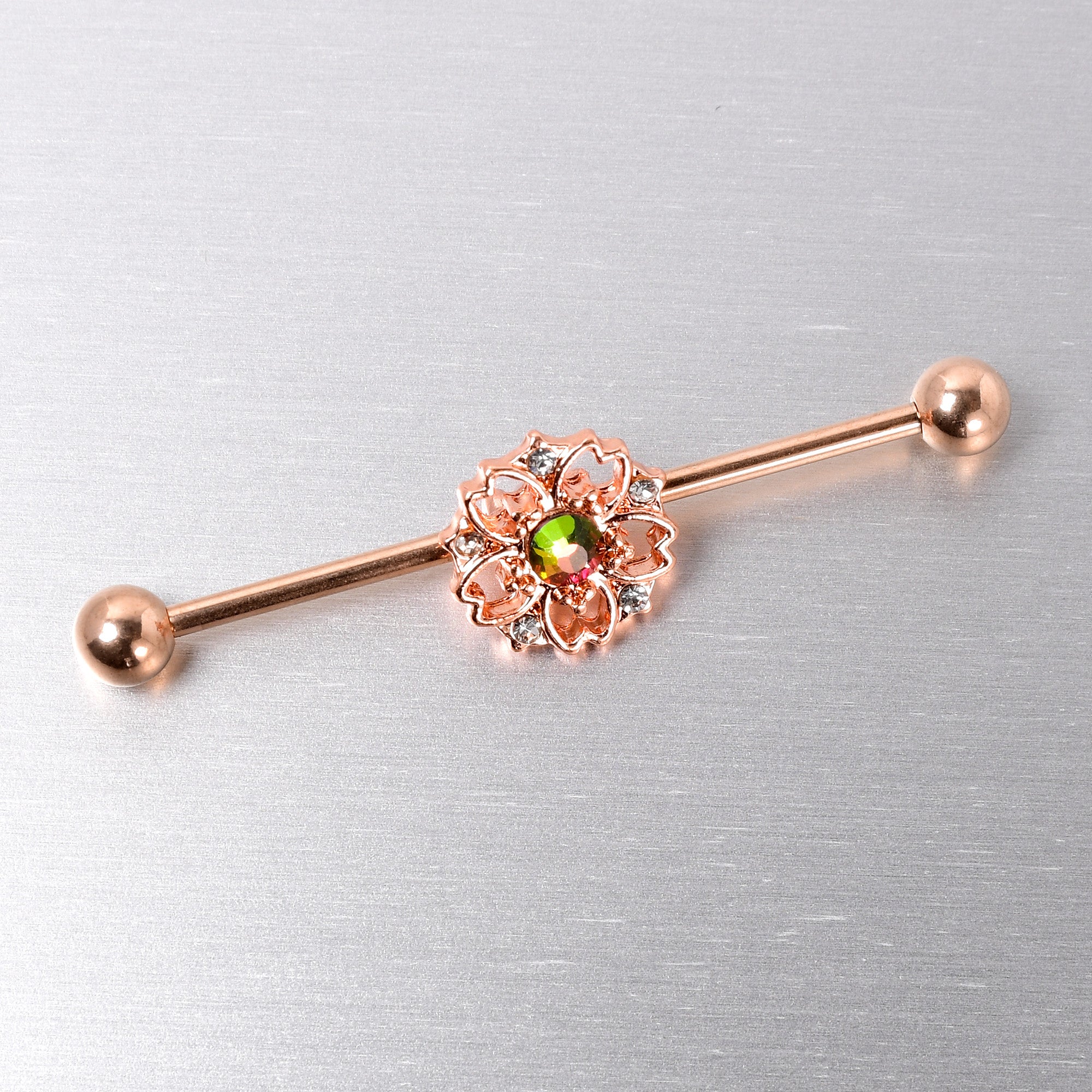 BodyCandy 14G Dark Aurora Gem Rose Gold Tone Flower Industrial Barbell 38mm — side view