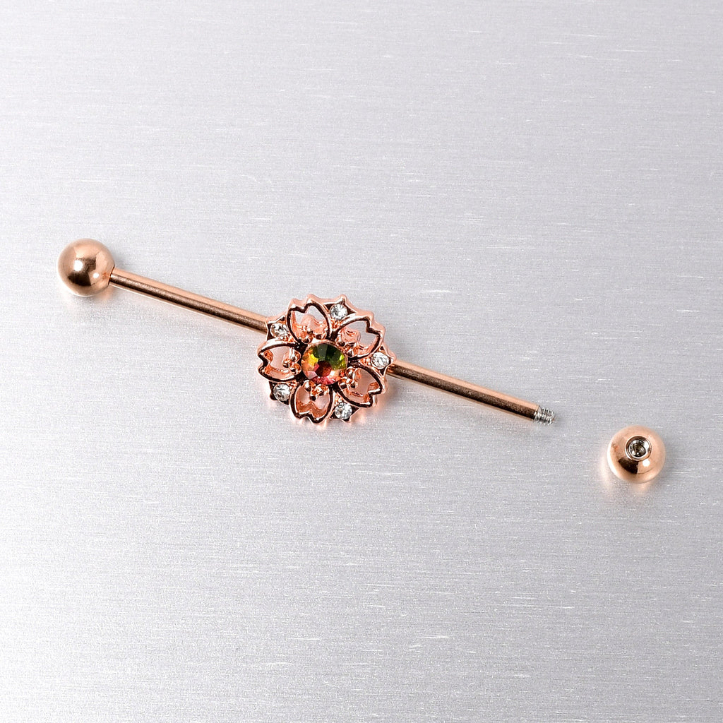 BodyCandy 14G Dark Aurora Gem Rose Gold Tone Flower Industrial Barbell 38mm — back view