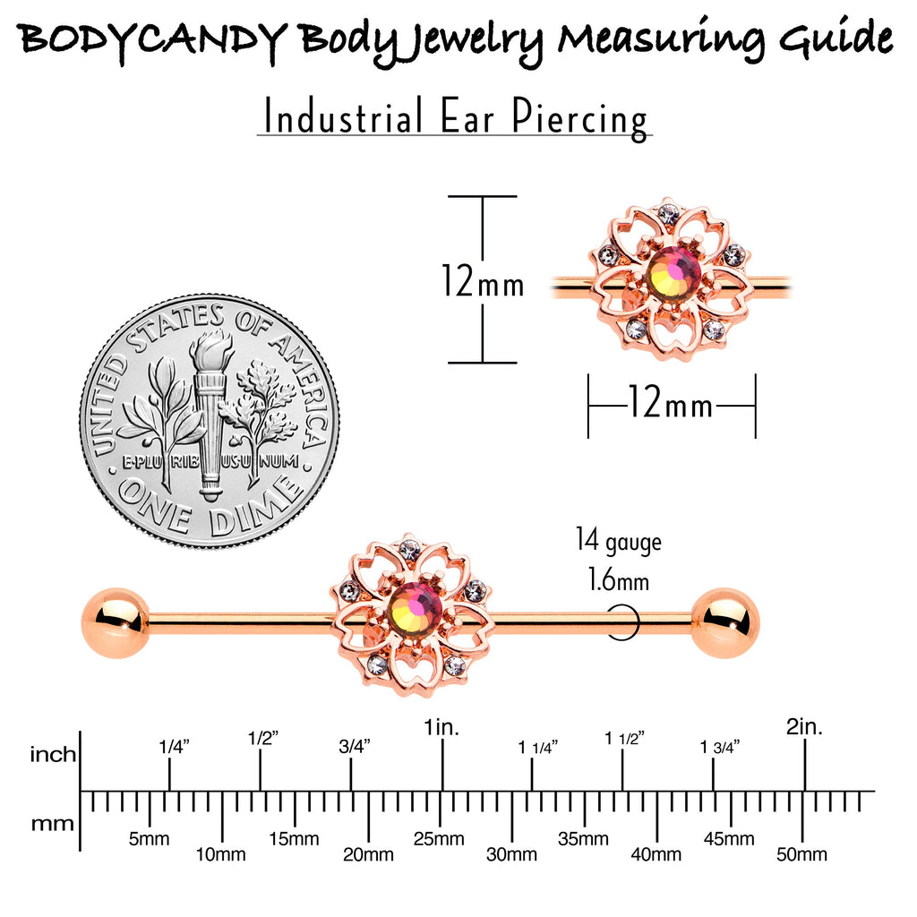 BodyCandy 14G Dark Aurora Gem Rose Gold Tone Flower Industrial Barbell 38mm — alternative angle