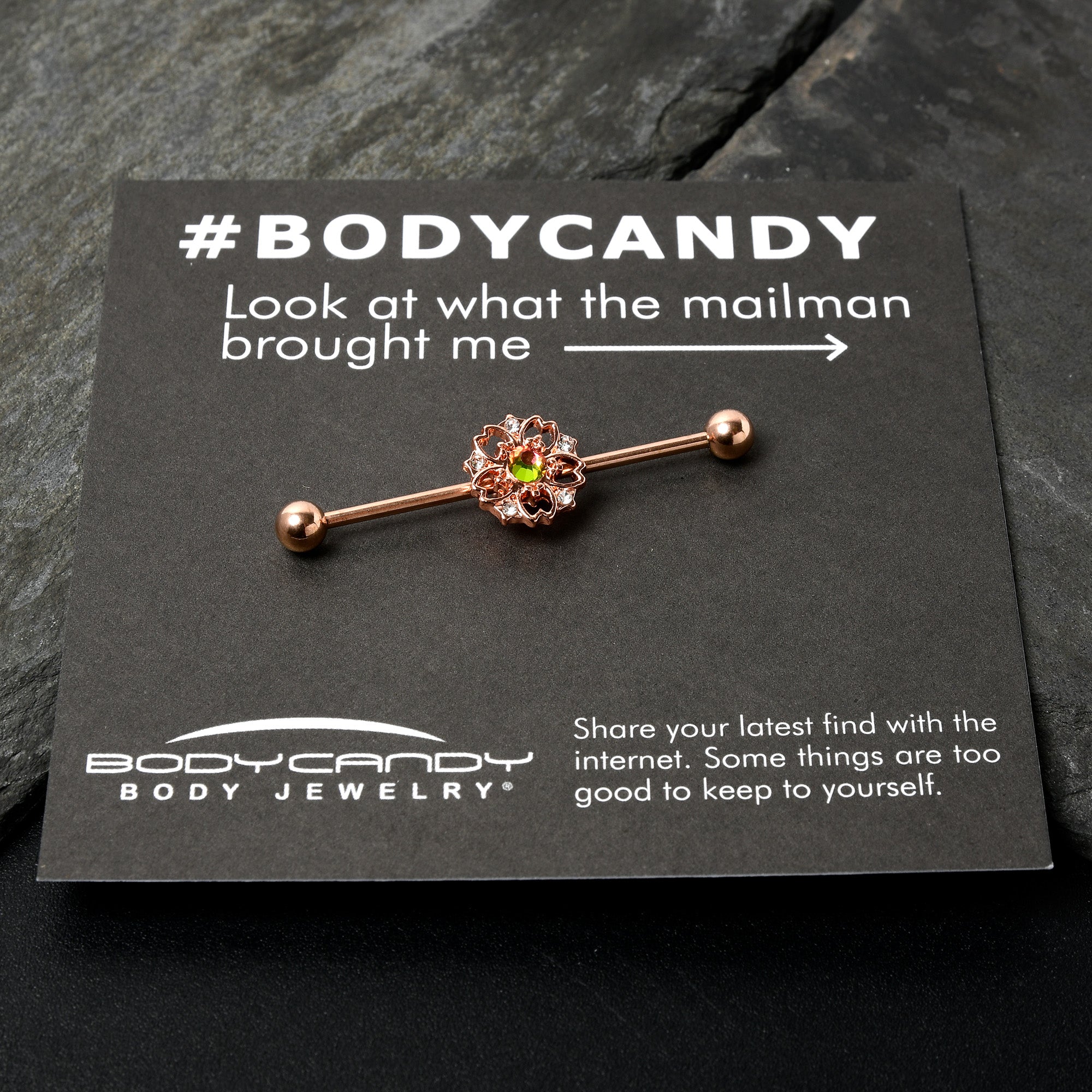 BodyCandy 14G Dark Aurora Gem Rose Gold Tone Flower Industrial Barbell 38mm — in-use photo