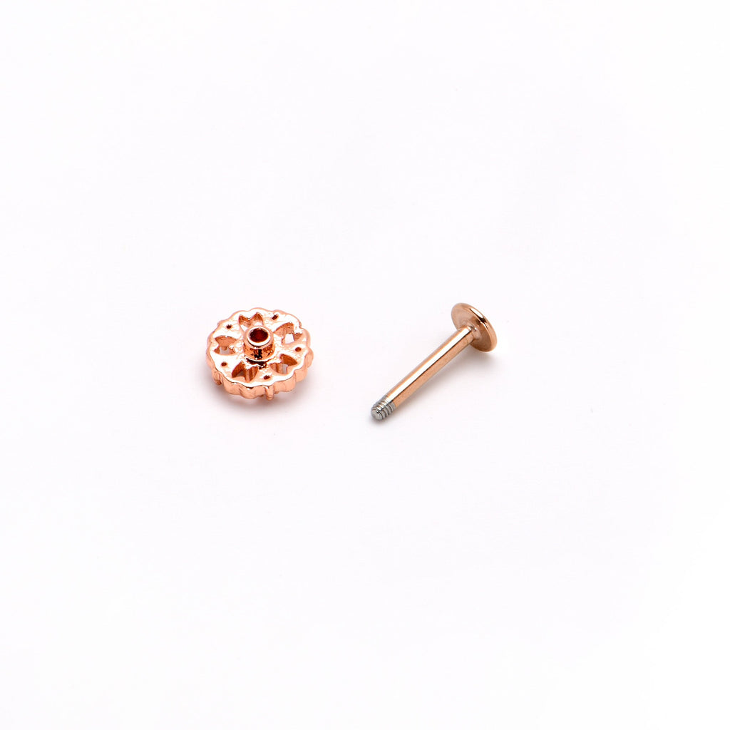 BodyCandy 16G 5/16 Purple Tourmaline Rosy Tone Flower Labret Monroe Tragus — in-use photo