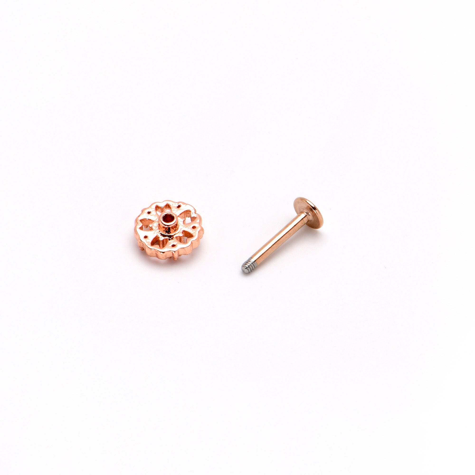 BodyCandy 16G 5/16 Purple Tourmaline Rosy Tone Flower Labret Monroe Tragus — in-use photo