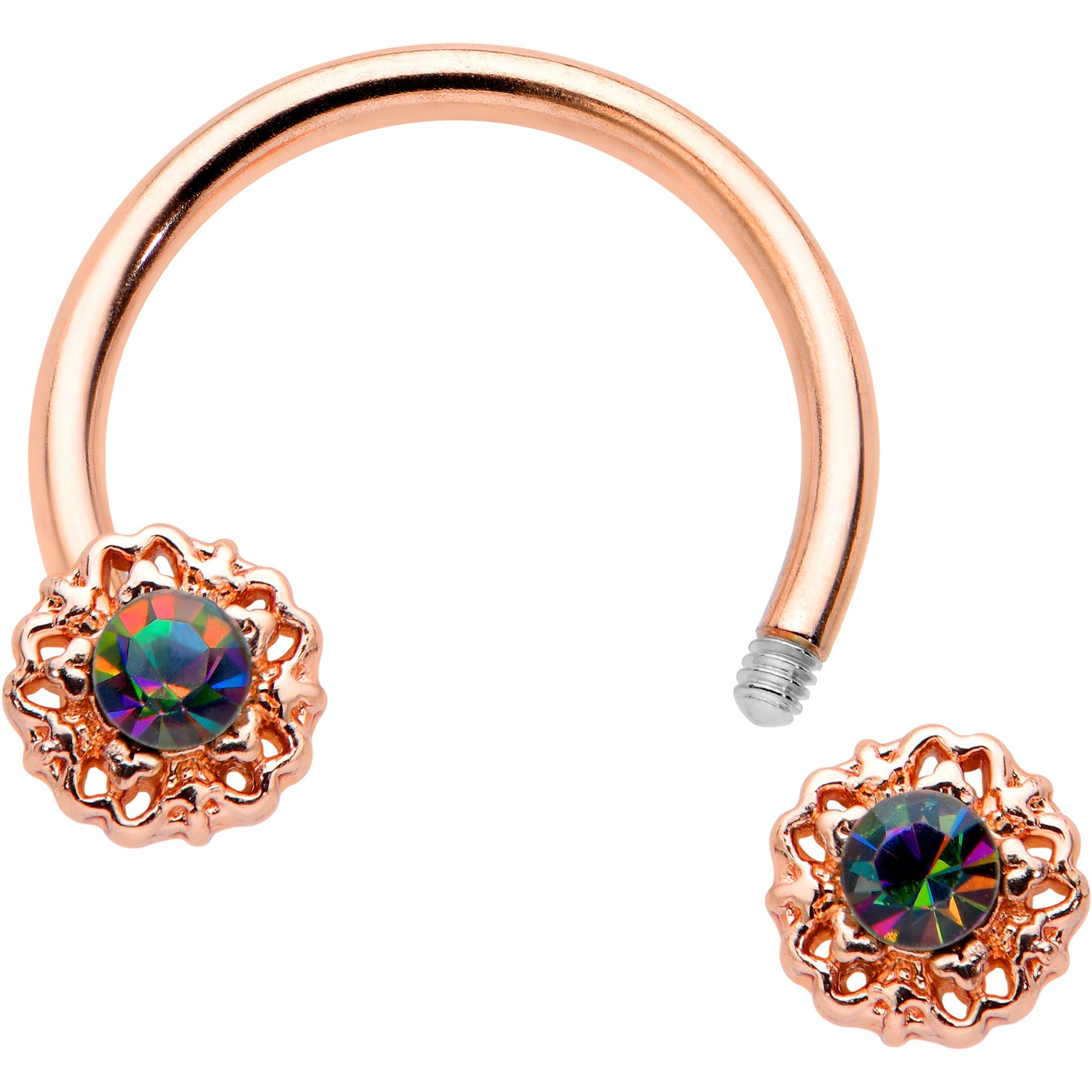 BodyCandy 16G 3/8 Purple Tourmaline Rose Gold Tone Flower Circular Barbell — detail close-up