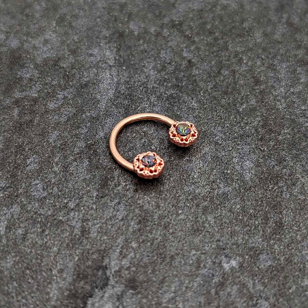 BodyCandy 16G 3/8 Purple Tourmaline Rose Gold Tone Flower Circular Barbell — side view