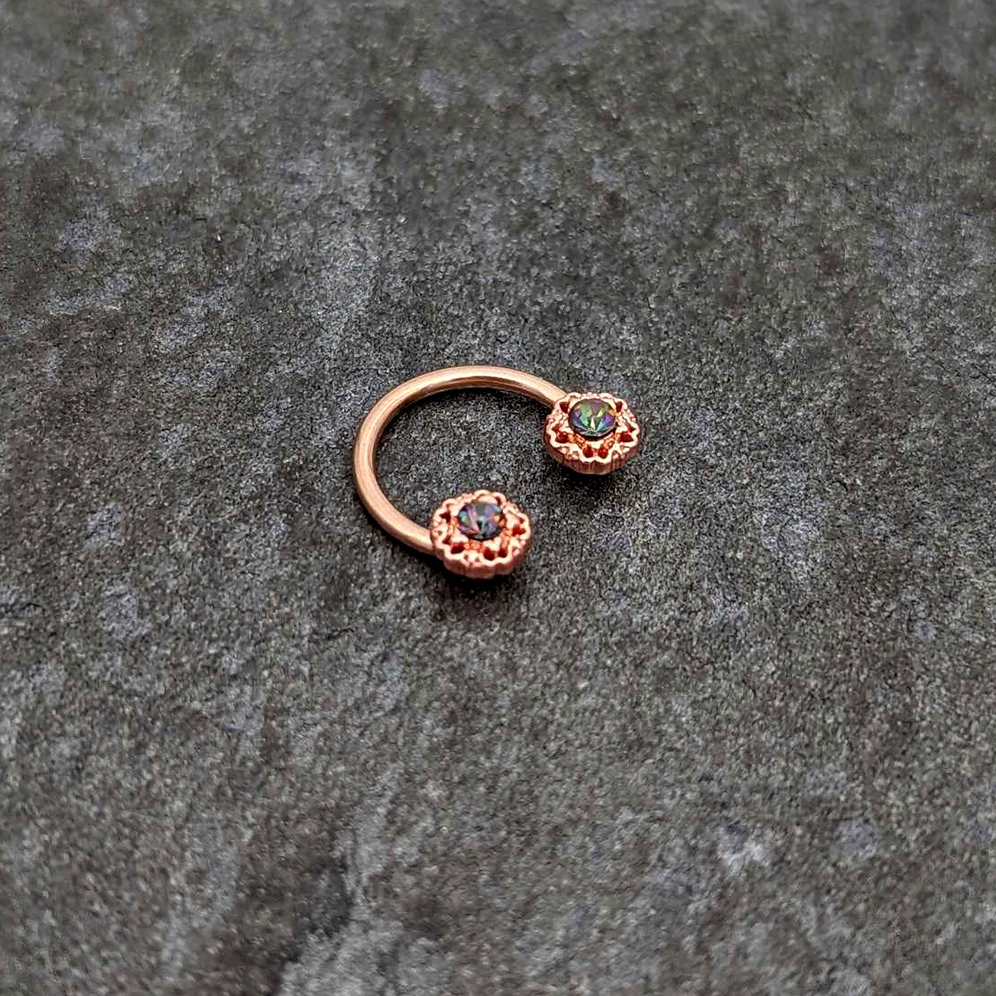 BodyCandy 16G 3/8 Purple Tourmaline Rose Gold Tone Flower Circular Barbell — side view