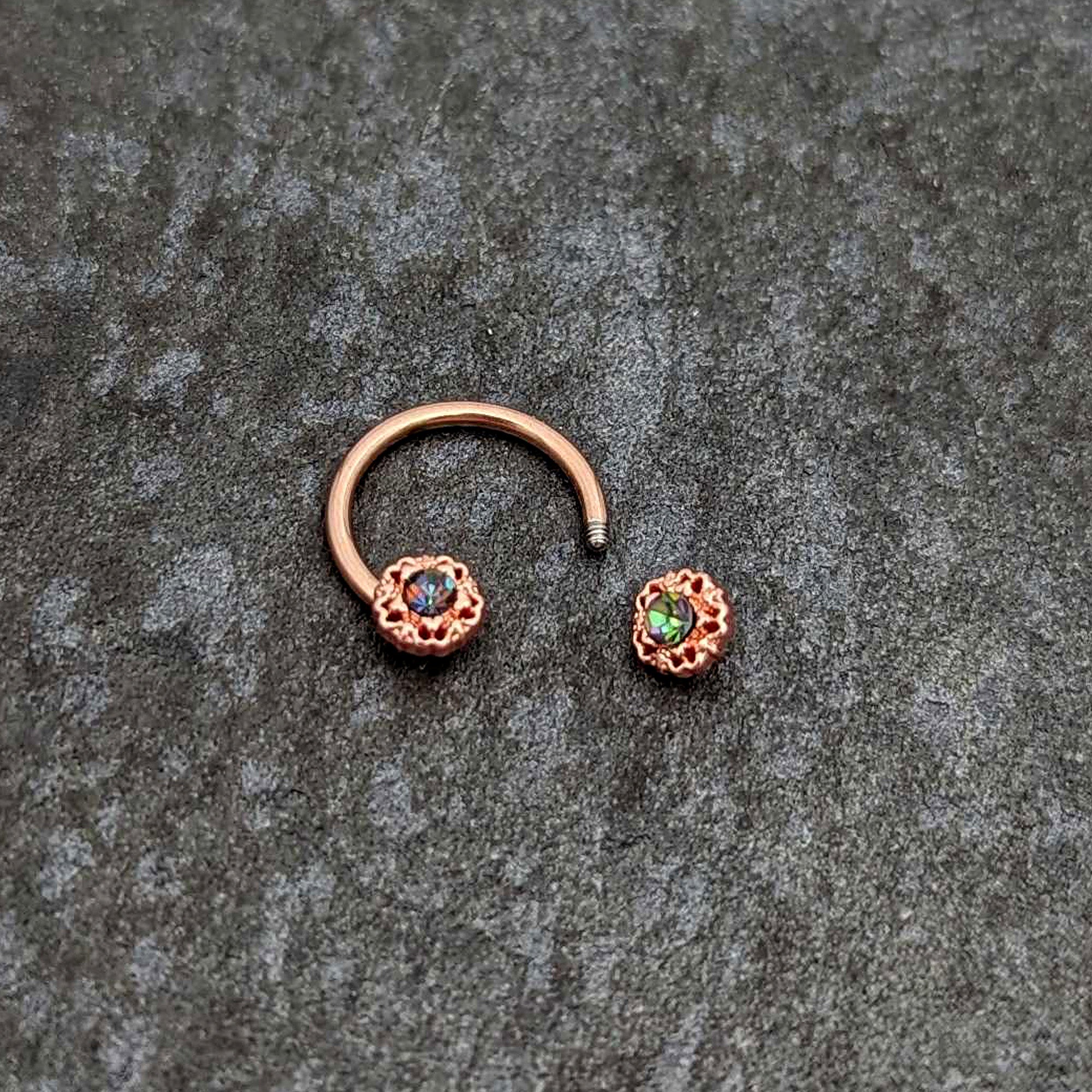 BodyCandy 16G 3/8 Purple Tourmaline Rose Gold Tone Flower Circular Barbell — back view