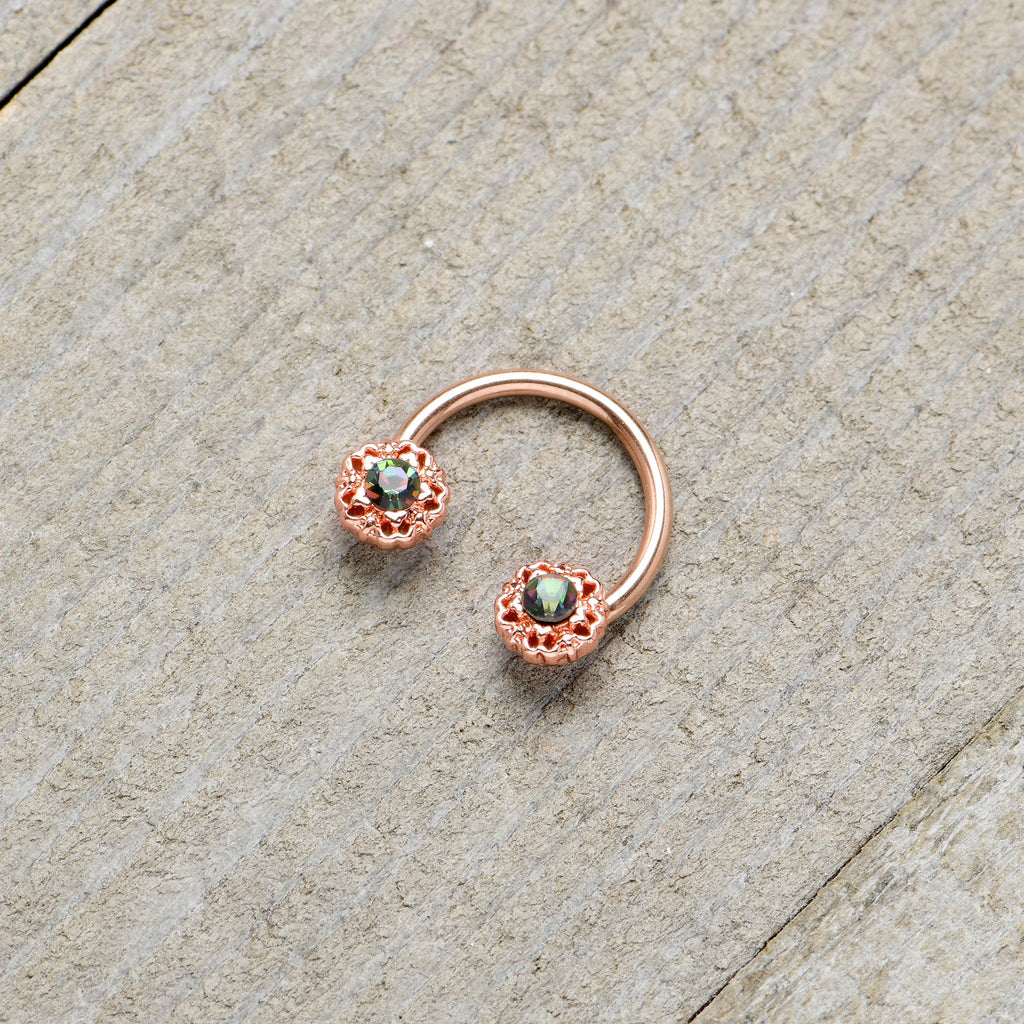 BodyCandy 16G 3/8 Purple Tourmaline Rose Gold Tone Flower Circular Barbell — in-use photo