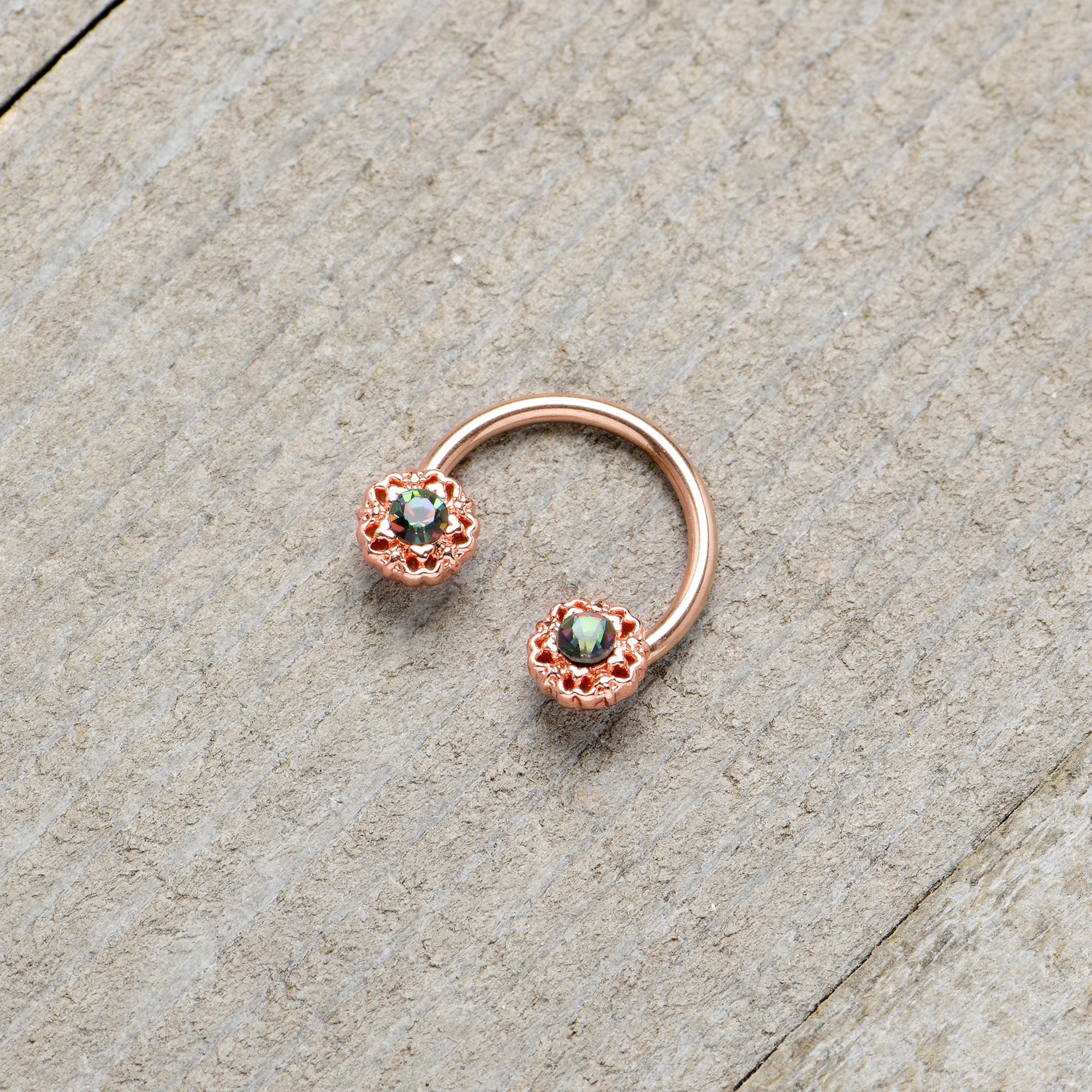 BodyCandy 16G 3/8 Purple Tourmaline Rose Gold Tone Flower Circular Barbell — in-use photo