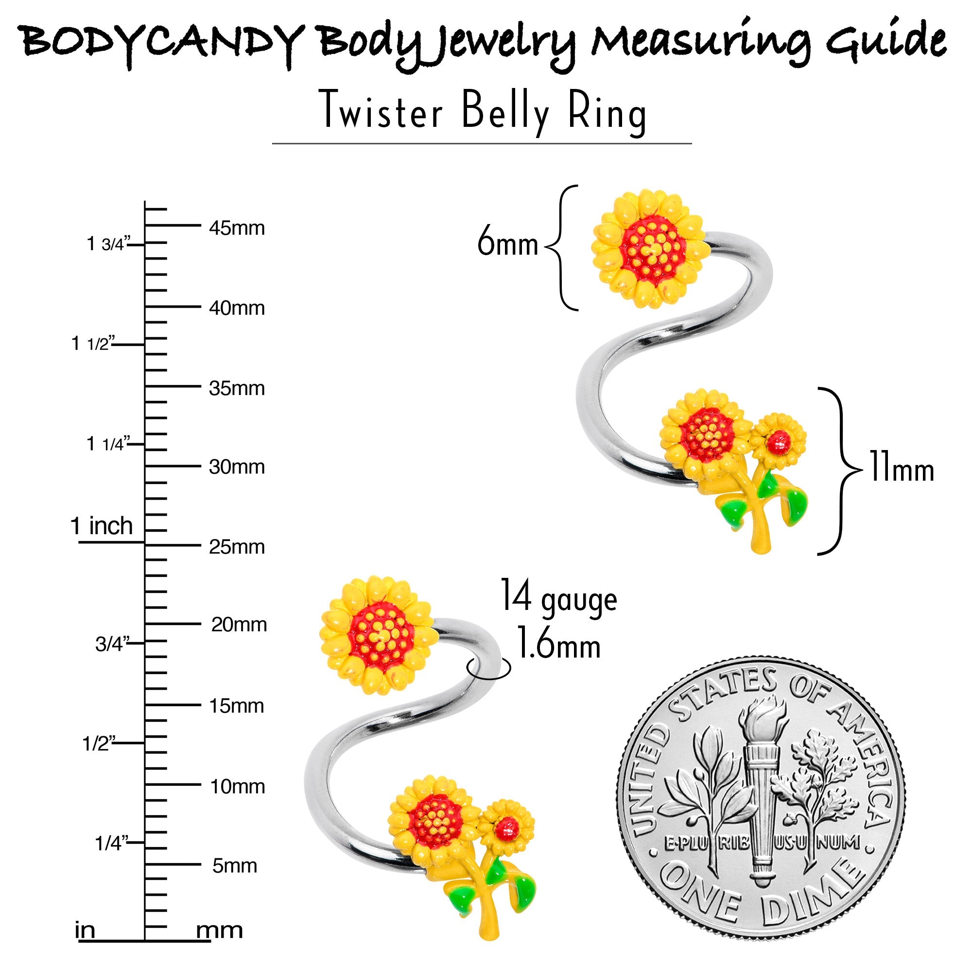 BodyCandy Happy Sunflower Trio Spiral Twister Belly Ring — side view