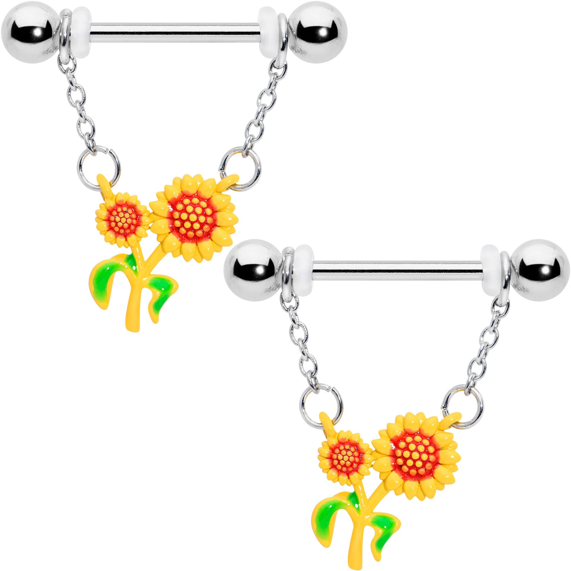 BodyCandy 14G 9/16 Happy Sunflower Duo Chain Dangle Nipple Ring Set — main product shot