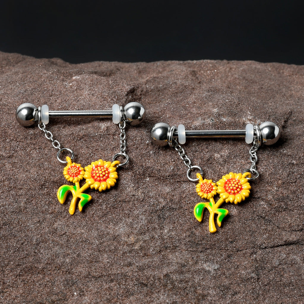 BodyCandy 14G 9/16 Happy Sunflower Duo Chain Dangle Nipple Ring Set — detail close-up